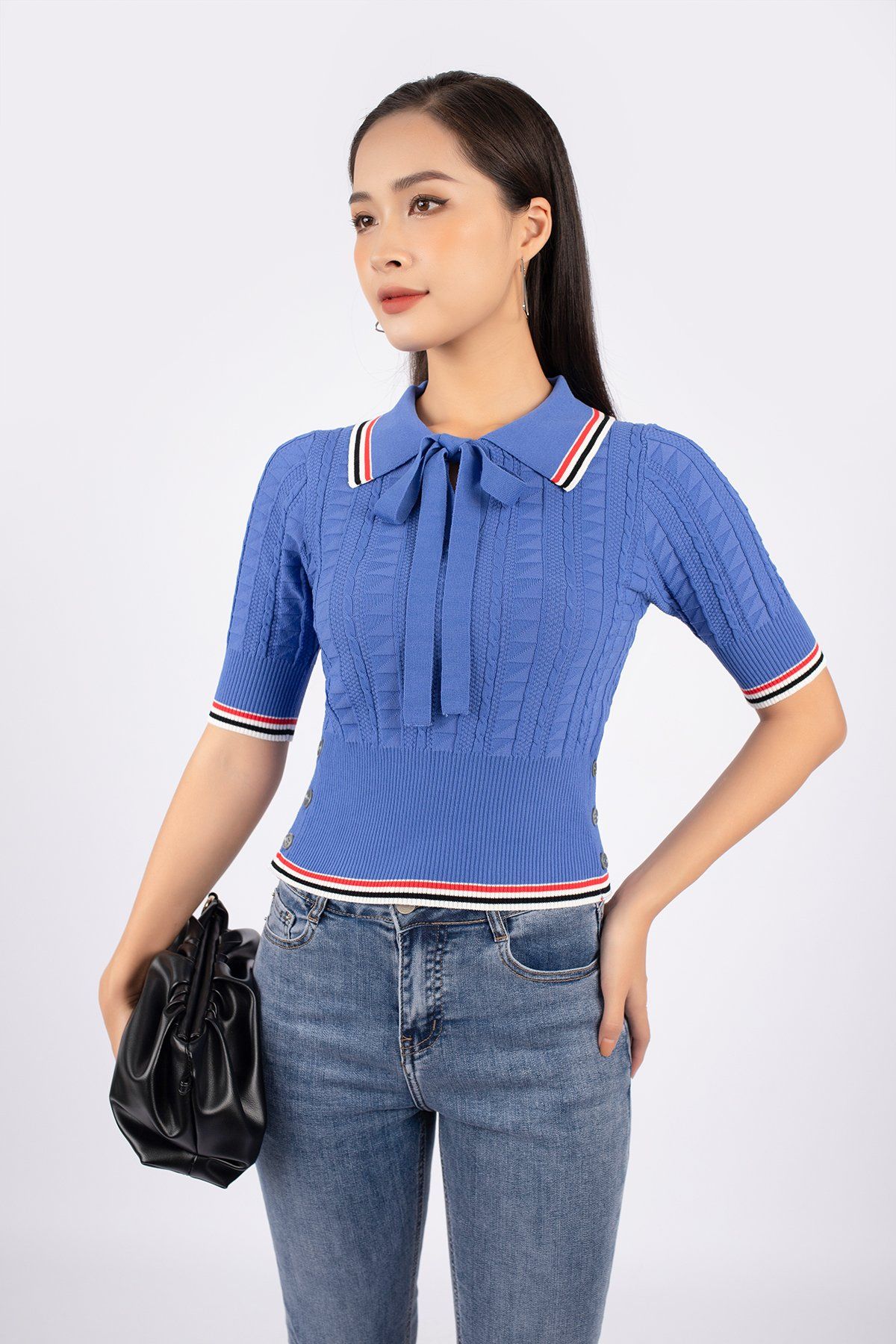 FOL260 - Áo len cao cấp dáng ôm cổ đức buộc nơ cạp bo chun đính khuy hai bên sườn - PANTIO