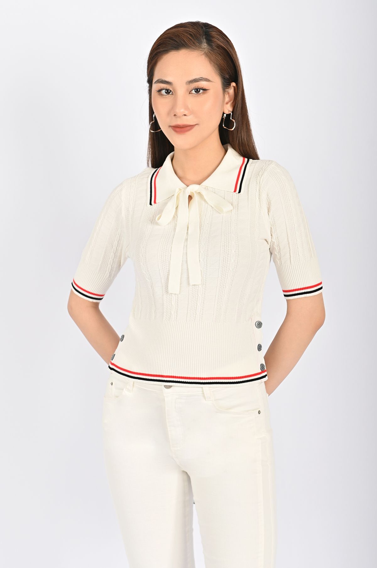 FOL260 - Áo len cao cấp dáng ôm cổ đức buộc nơ cạp bo chun đính khuy hai bên sườn - PANTIO
