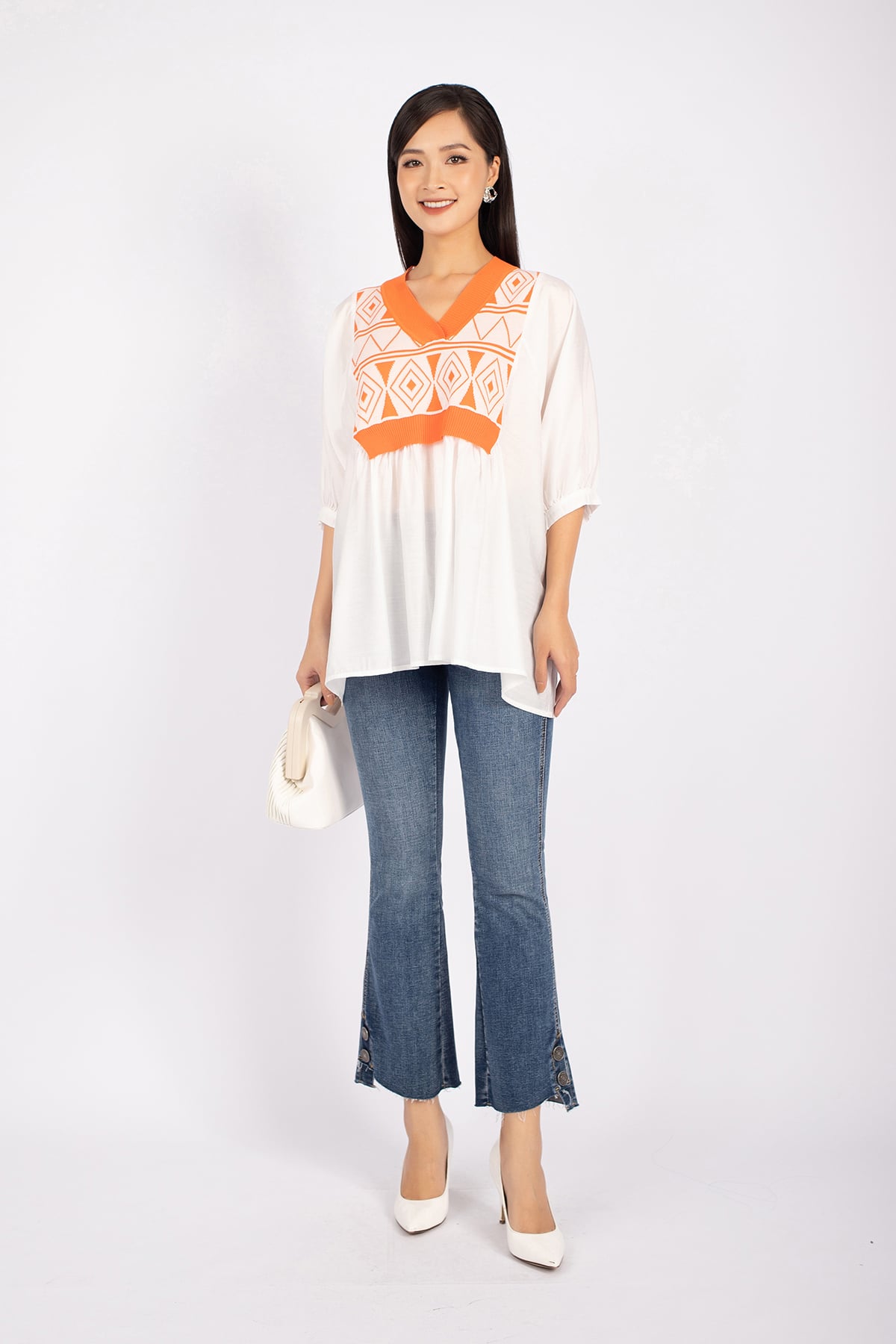 FOL263 - Áo kiểu dạo phố vải len cao cấp phối vải thô dáng suông xòe cổ V tay lỡ - PANTIO