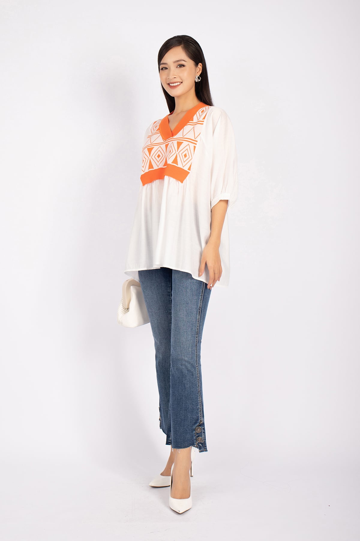 FOL263 - Áo kiểu dạo phố vải len cao cấp phối vải thô dáng suông xòe cổ V tay lỡ - PANTIO