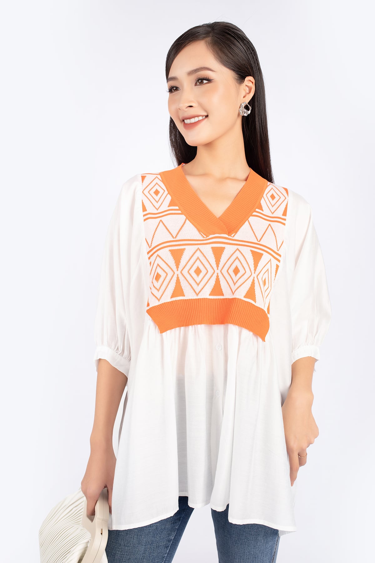 FOL263 - Áo kiểu dạo phố vải len cao cấp phối vải thô dáng suông xòe cổ V tay lỡ - PANTIO