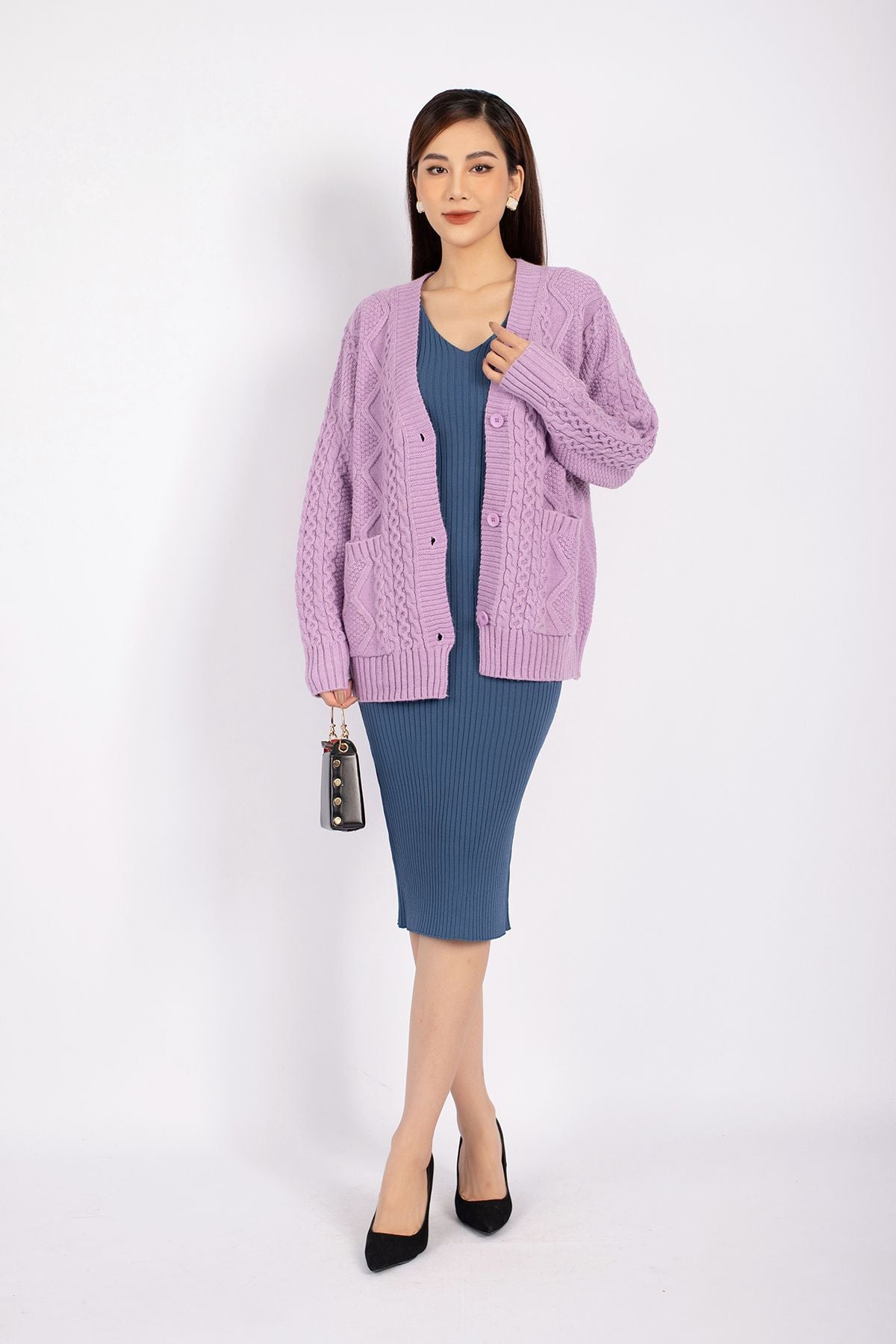 FOL296 - Áo len cardigan cao cấp dáng rộng tay thân phối túi cài cúc - PANTIO