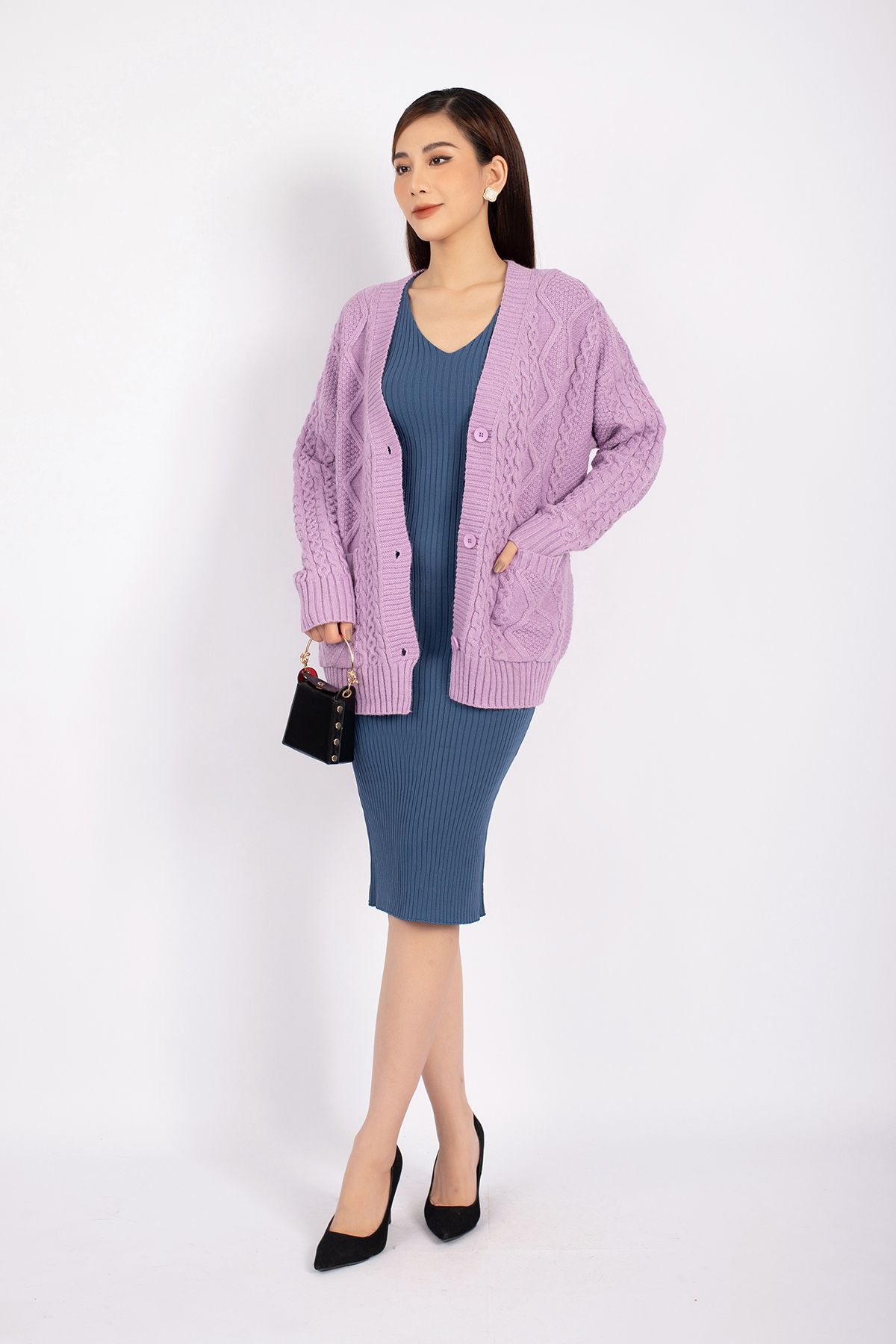 FOL296 - Áo len cardigan cao cấp dáng rộng tay thân phối túi cài cúc - PANTIO