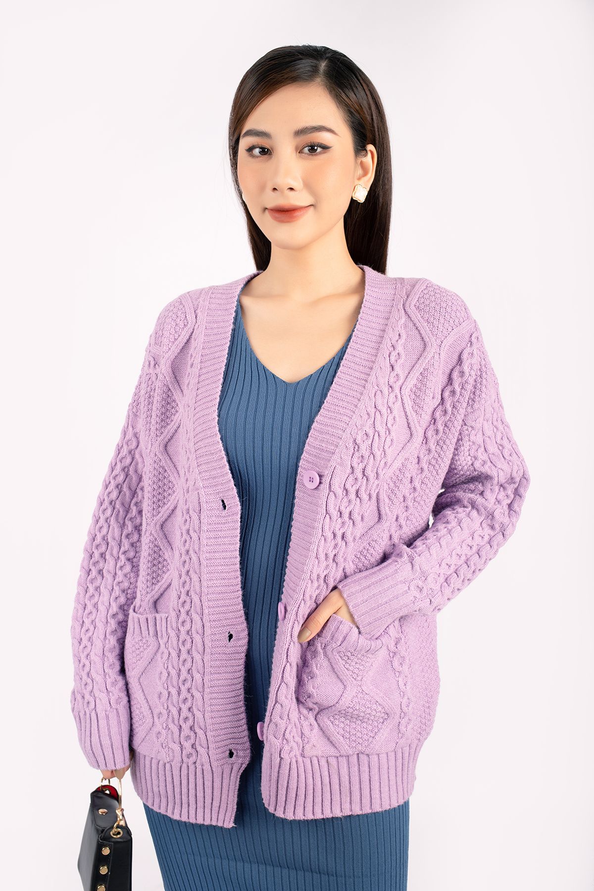 FOL296 - Áo len cardigan cao cấp dáng rộng tay thân phối túi cài cúc - PANTIO