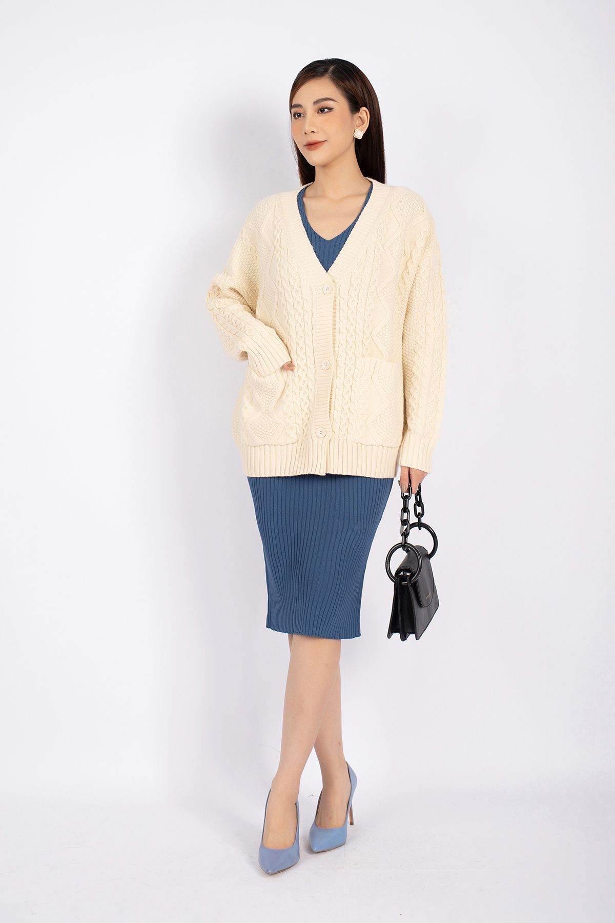 FOL296 - Áo len cardigan cao cấp dáng rộng tay thân phối túi cài cúc - PANTIO