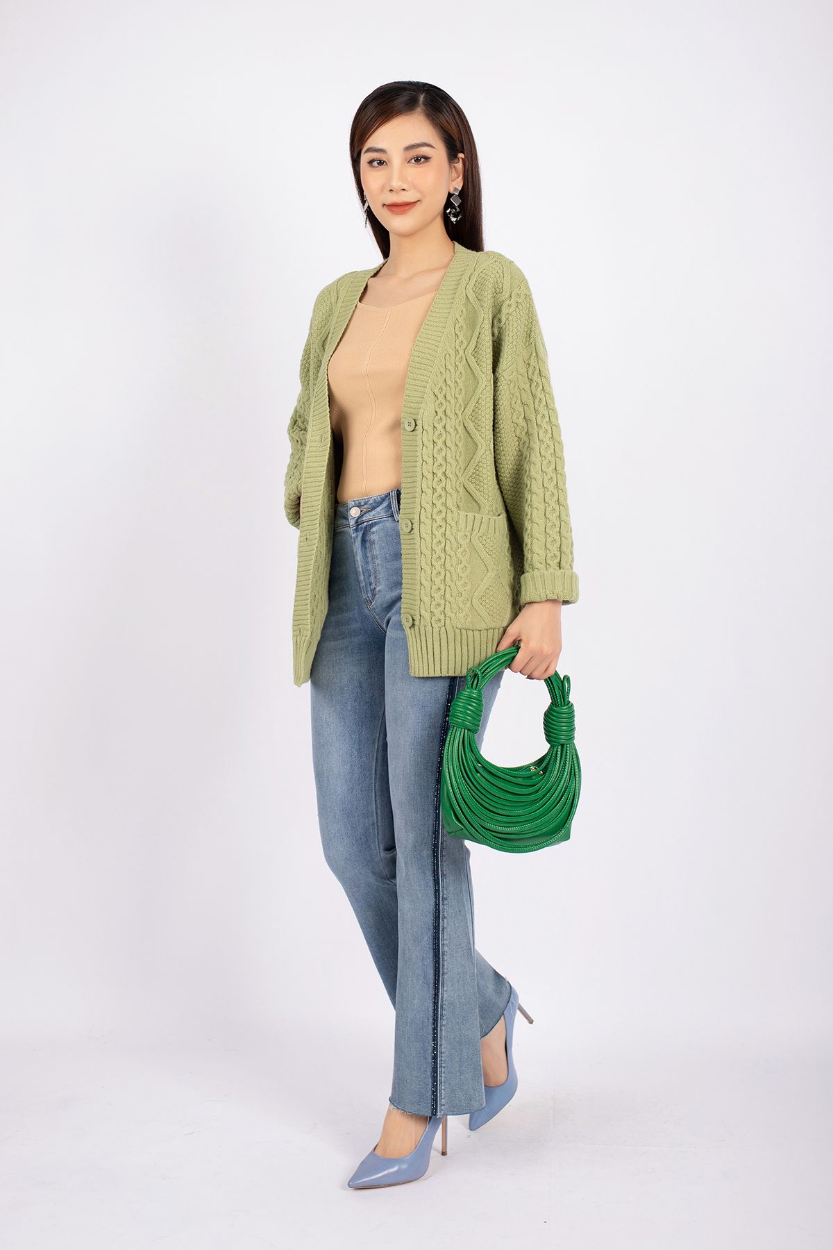 FOL296 - Áo len cardigan cao cấp dáng rộng tay thân phối túi cài cúc - PANTIO