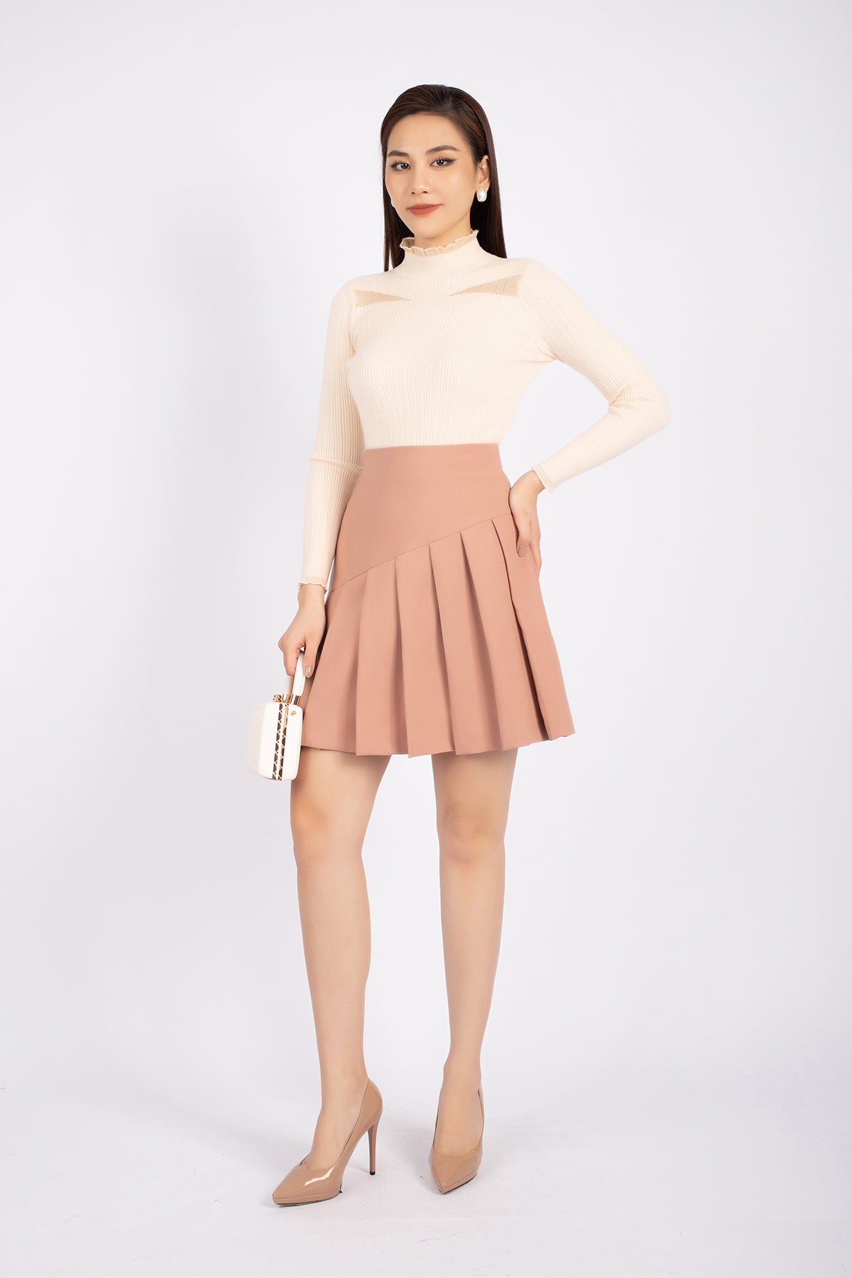 FJN7648 - Chân váy dạo phố vải thô dáng Xoè cạp liền xếp ly bản to tạo kiểu - PANTIO