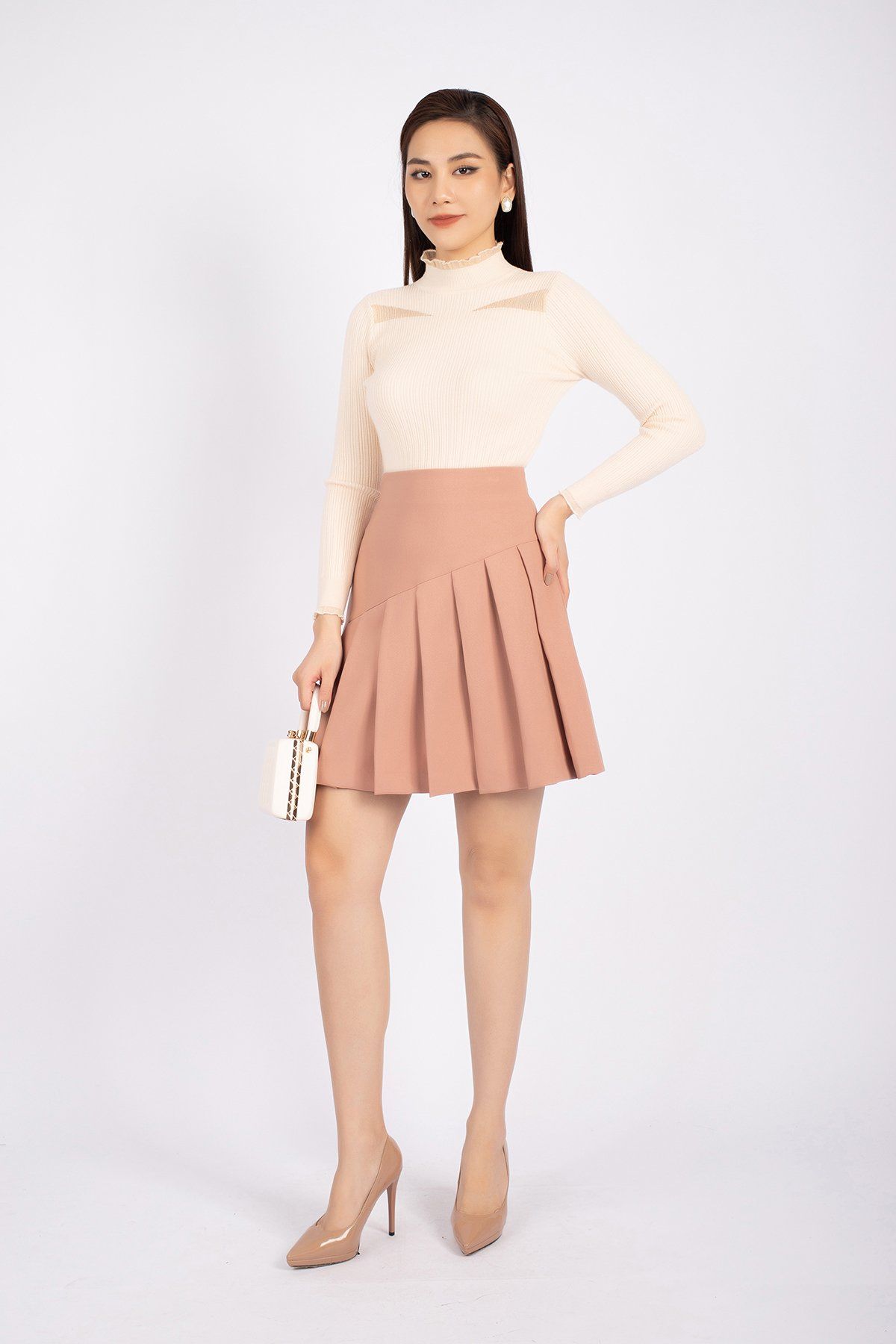 FJN7648 - Chân váy dạo phố vải thô dáng Xoè cạp liền xếp ly bản to tạo kiểu - PANTIO