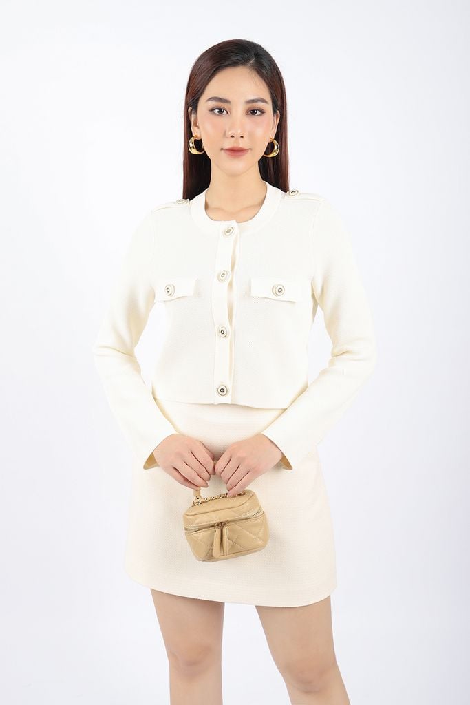 FOL347 - Áo len cardigan cao cấp dáng ôm nhẹ cổ tròn thân phối nắp túi đính khuy trang trí - PANTIO
