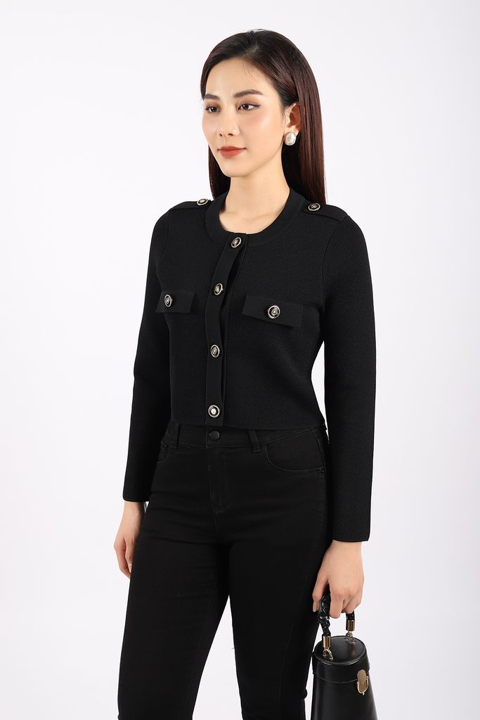 FOL347 - Áo len cardigan cao cấp dáng ôm nhẹ cổ tròn thân phối nắp túi đính khuy trang trí - PANTIO