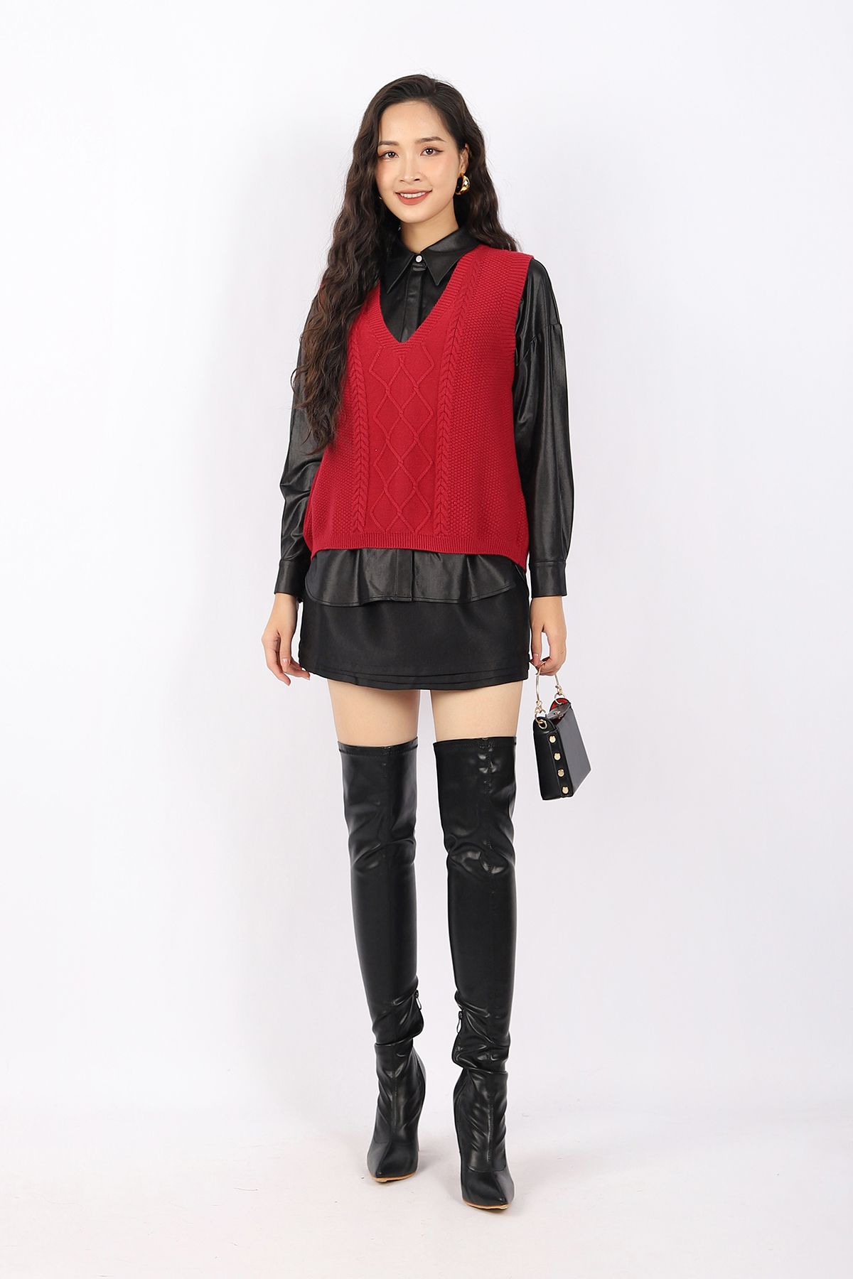 FOL361 - Áo len gile cao cấp dáng suông cổ V thân dệt họa tiết trang trí - PANTIO