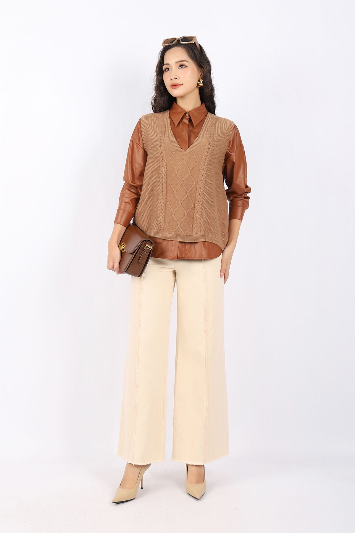 FOL361 - Áo len gile cao cấp dáng suông cổ V thân dệt họa tiết trang trí - PANTIO