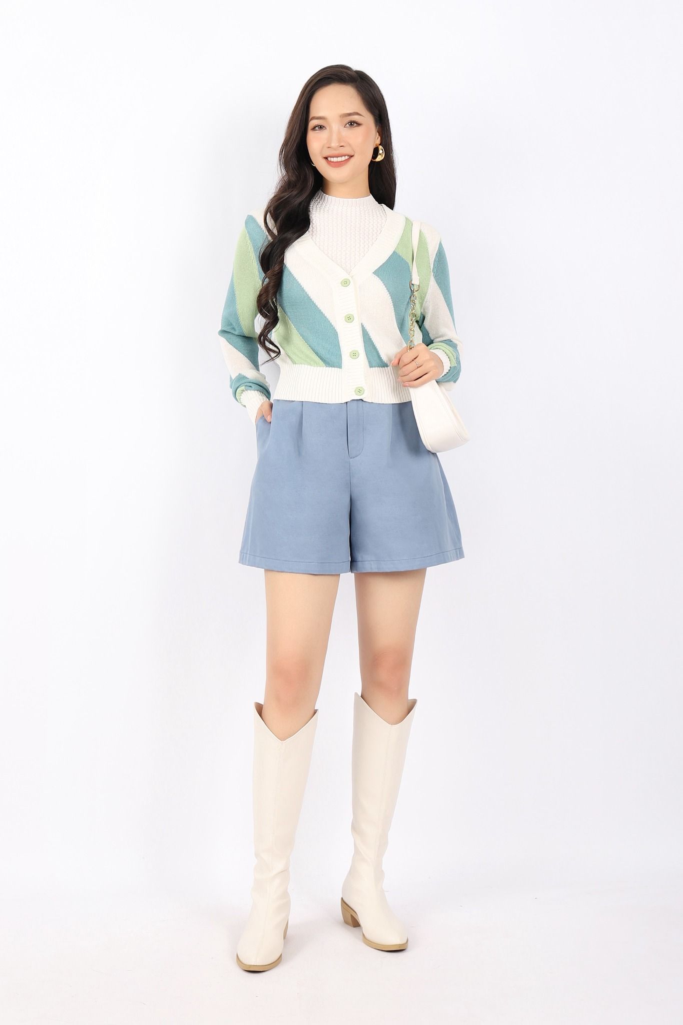FOL372 - Áo len cardigan cao cấp dáng rộng cổ V tay dài cài cúc màu sắc trang trí - PANTIO