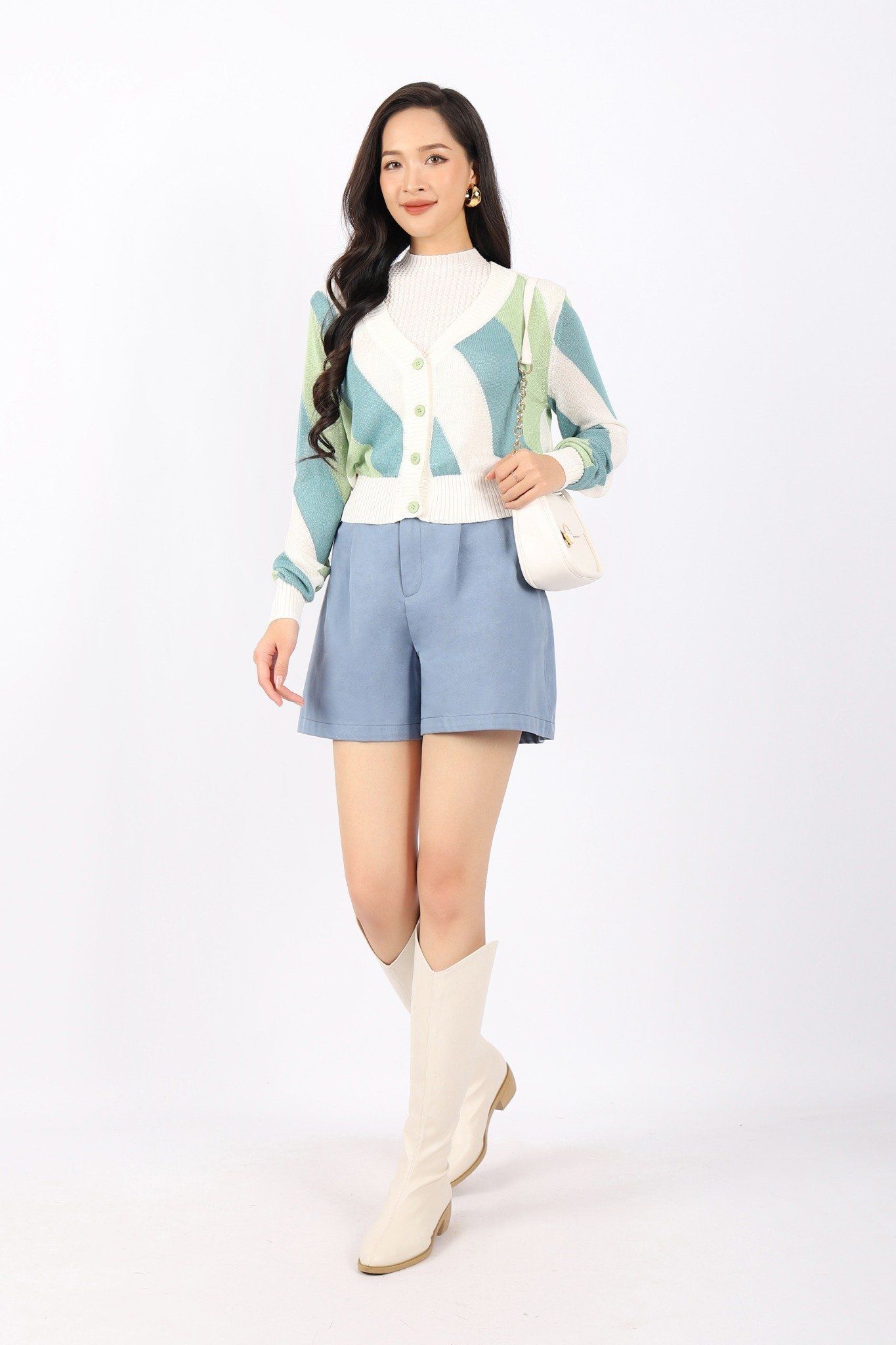 FOL372 - Áo len cardigan cao cấp dáng rộng cổ V tay dài cài cúc màu sắc trang trí - PANTIO
