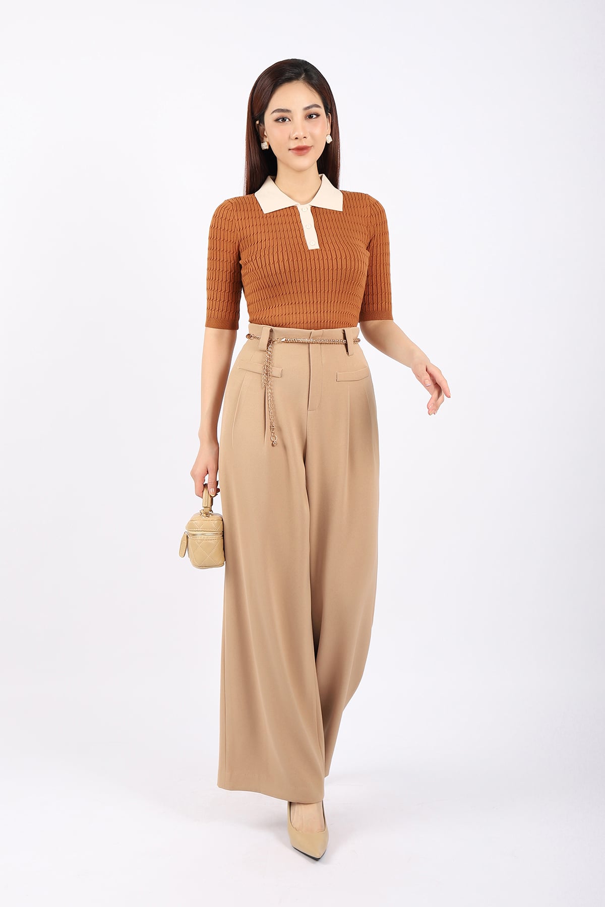 FOL392 - Áo len cao cấp dáng ôm dệt vặn tạo kiểu cổ đức phối khác màu tạo kiểu tay lỡ thân - PANTIO