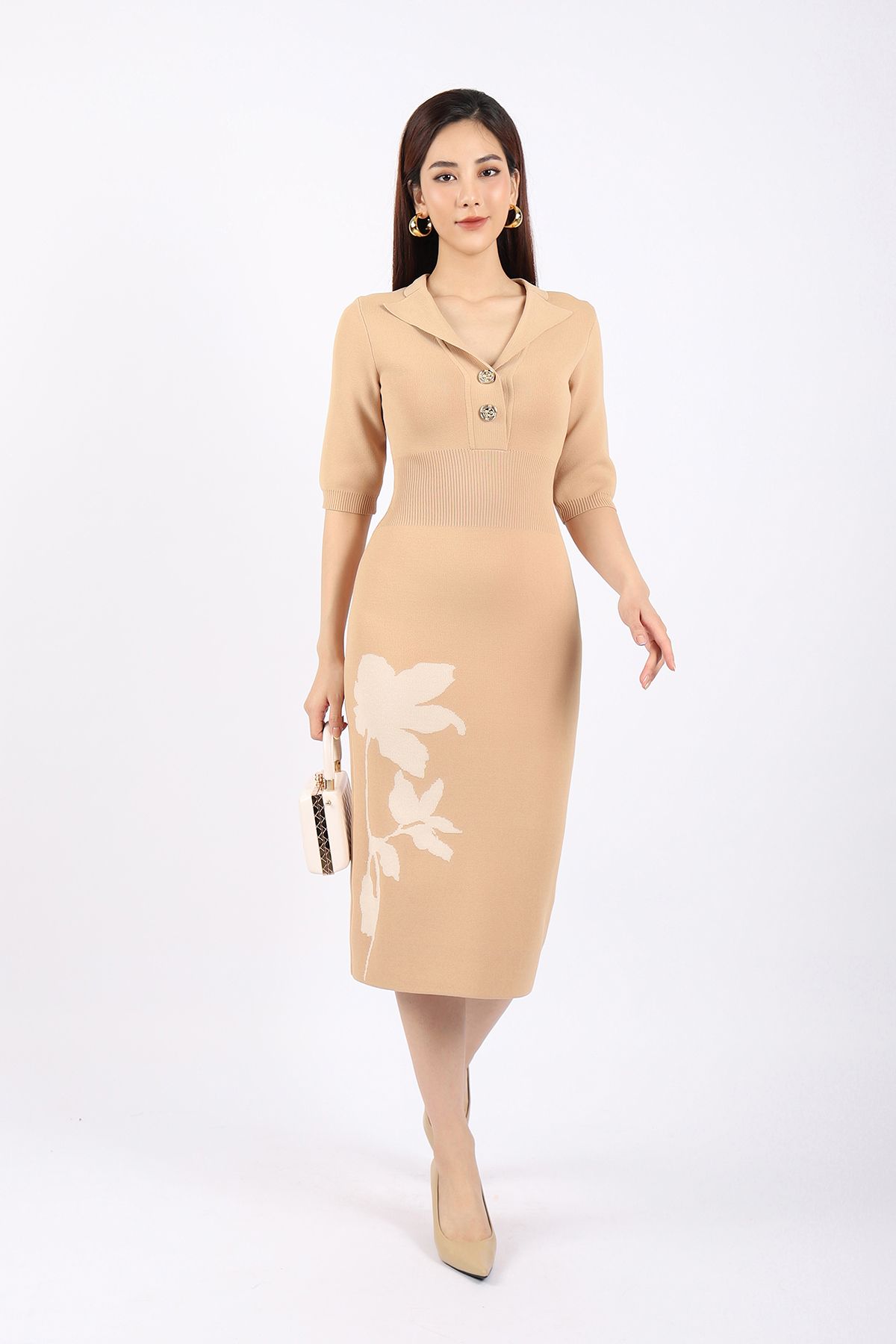 FOL394 - tỷ lệ kèo 8899 len cao cấp dáng ôm cổ V bẻ phối cúc tay lỡ thân váy dệt họa tiết trang trí - tỷ lệ kèo 8899