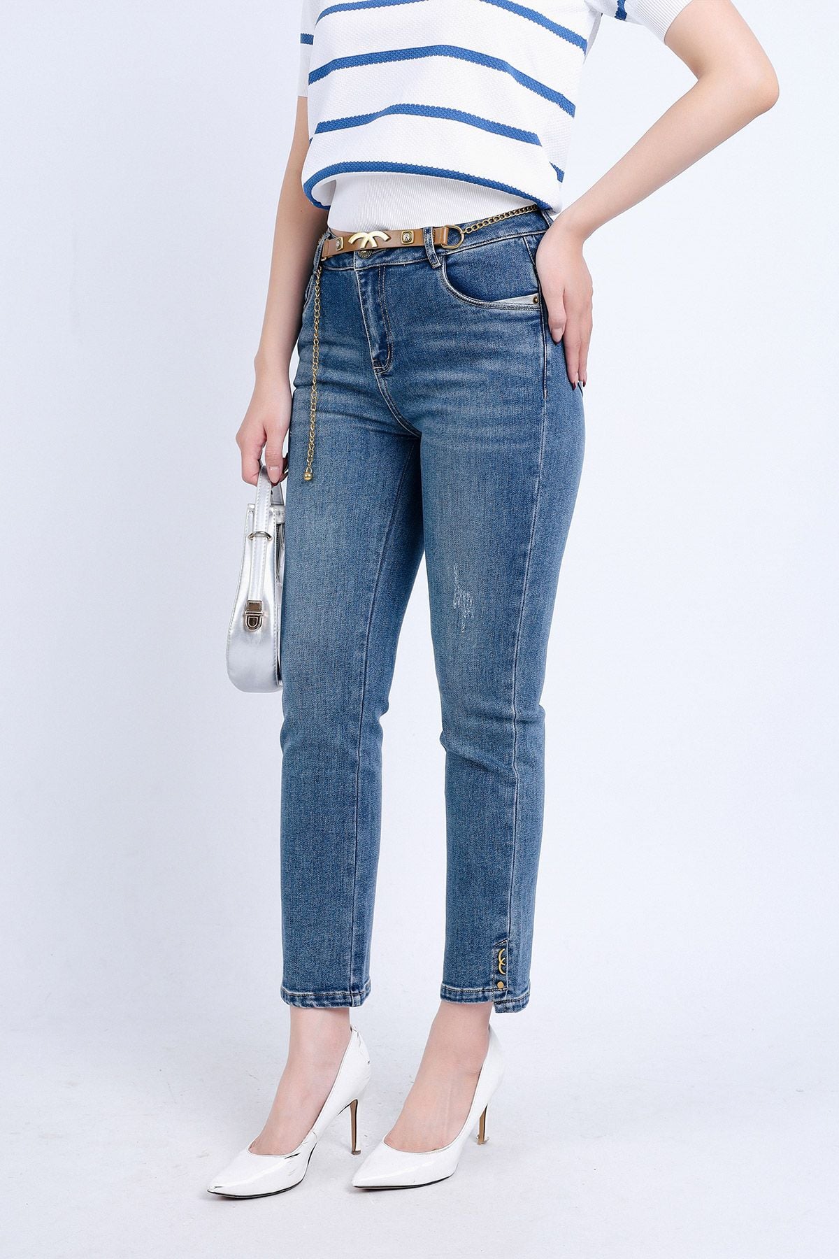 FQB166 - Quần Jean cao cấp vải Denim dáng ôm gấu xẻ kèm dây xích tạo kiểu - PANTIO