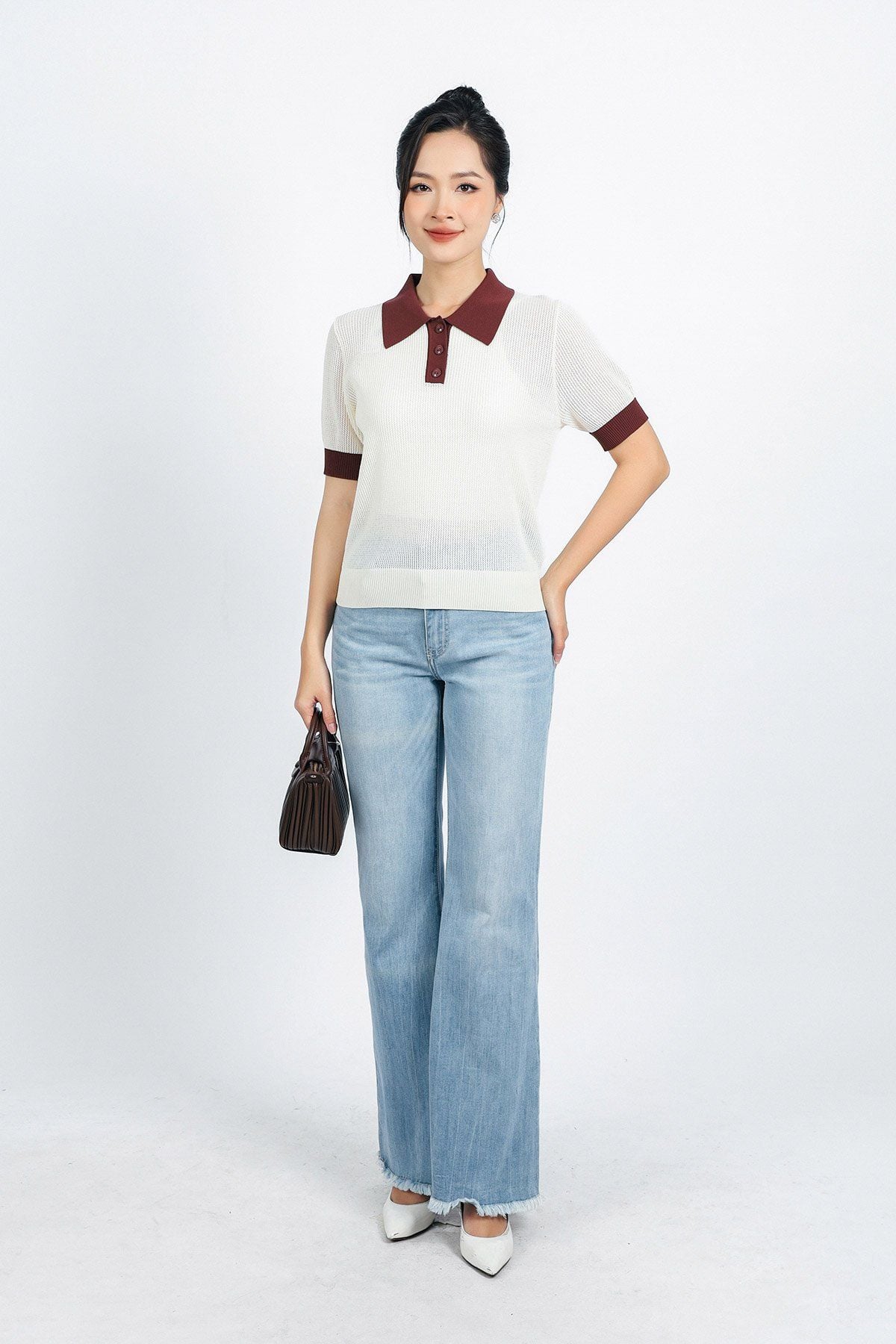 FOL408 - Áo len thời trang cao cấp dáng suông cổ đức tay ngắn bo gấu kèm áo hai dây - PANTIO