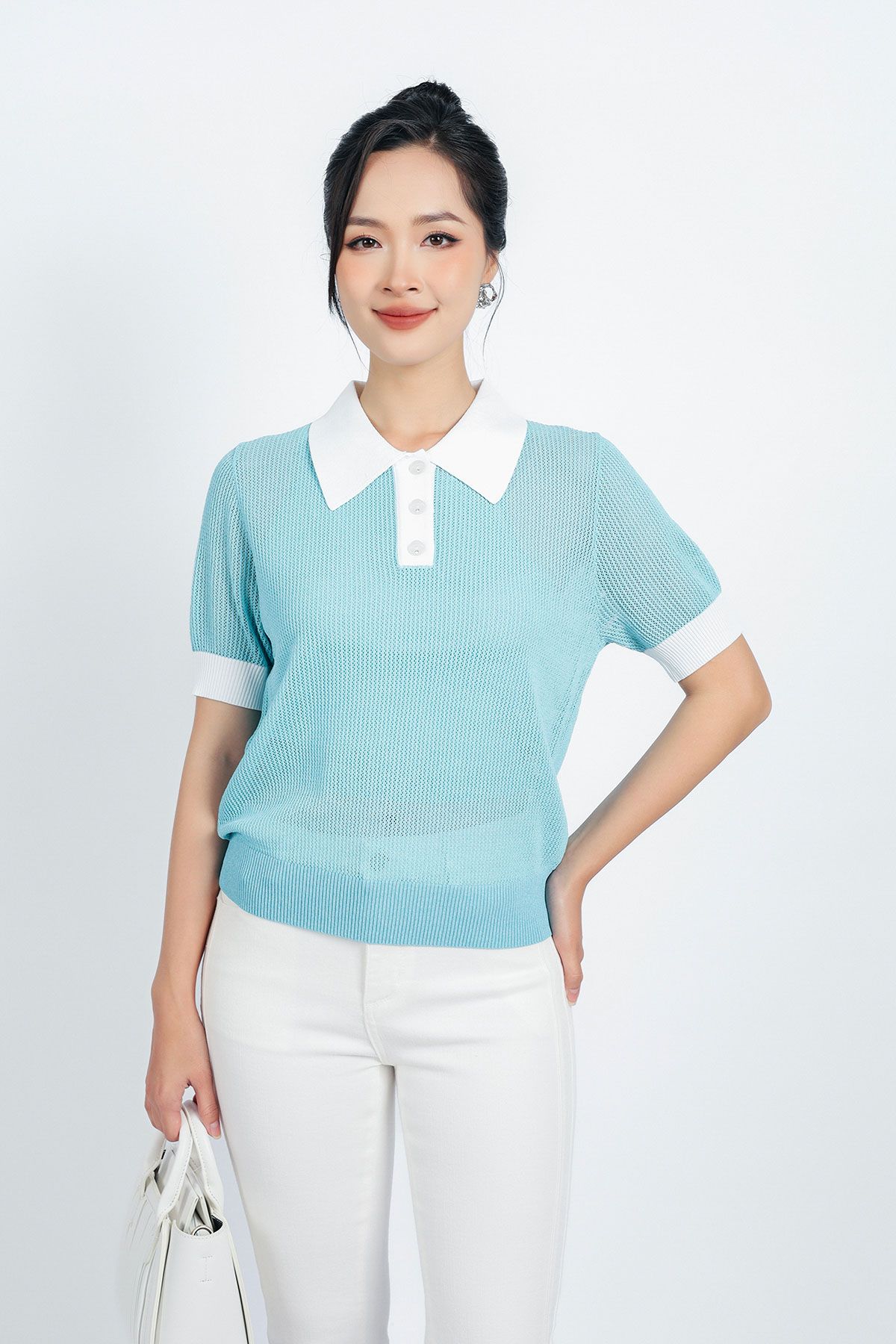 FOL408 - Áo len thời trang cao cấp dáng suông cổ đức tay ngắn bo gấu kèm áo hai dây - PANTIO