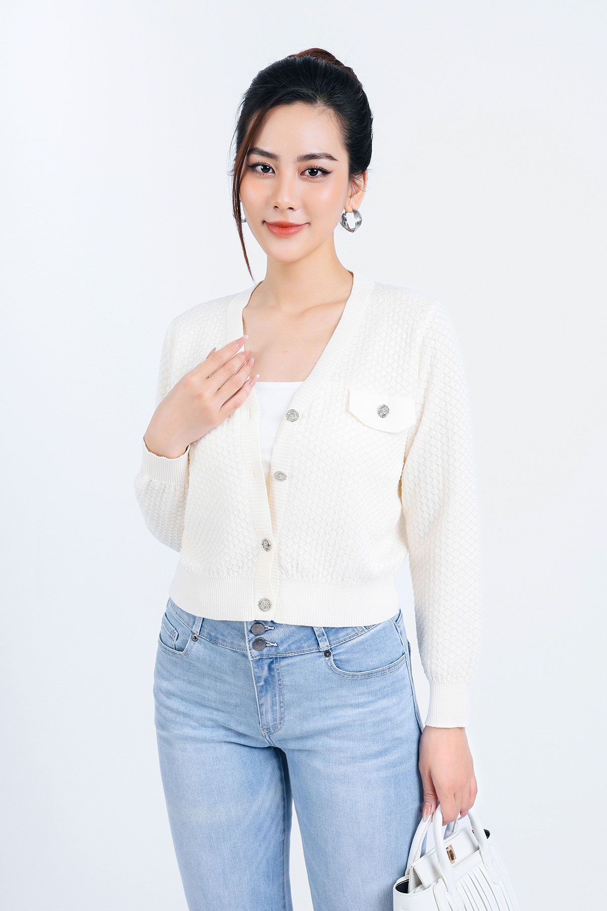 FOL416 - Áo len Cardigan thời trang cao cấp dáng suông co giãn thân áo phối khuy đá trang trí - PANTIO