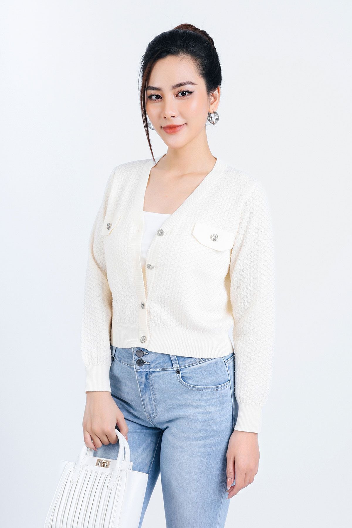 FOL416 - Áo len Cardigan thời trang cao cấp dáng suông co giãn thân áo phối khuy đá trang trí - PANTIO