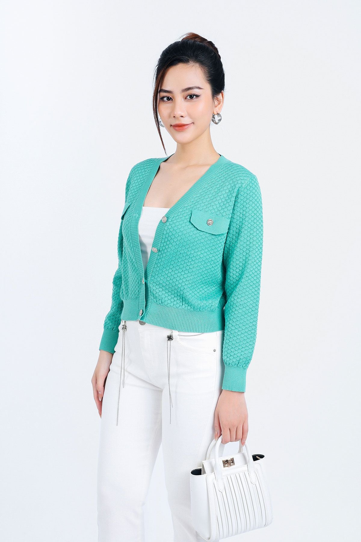 FOL416 - Áo len Cardigan thời trang cao cấp dáng suông co giãn thân áo phối khuy đá trang trí - PANTIO