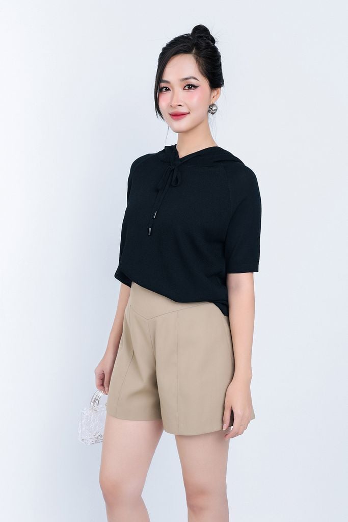 FOL429 - Áo len thời trang cao cấp dáng suông có mũ cổ phối dây rút buộc - PANTIO