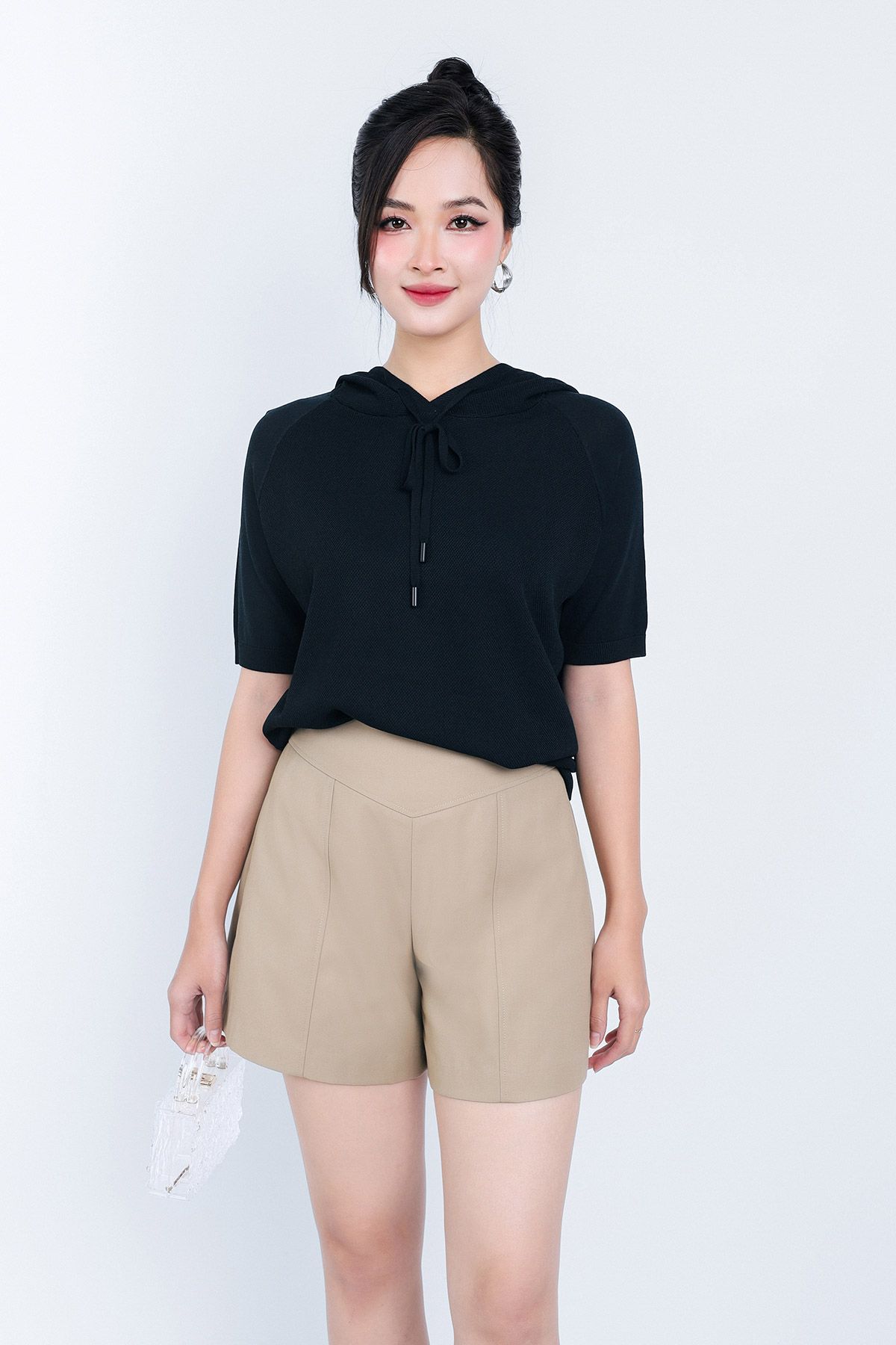 FOL429 - Áo len thời trang cao cấp dáng suông có mũ cổ phối dây rút buộc - PANTIO