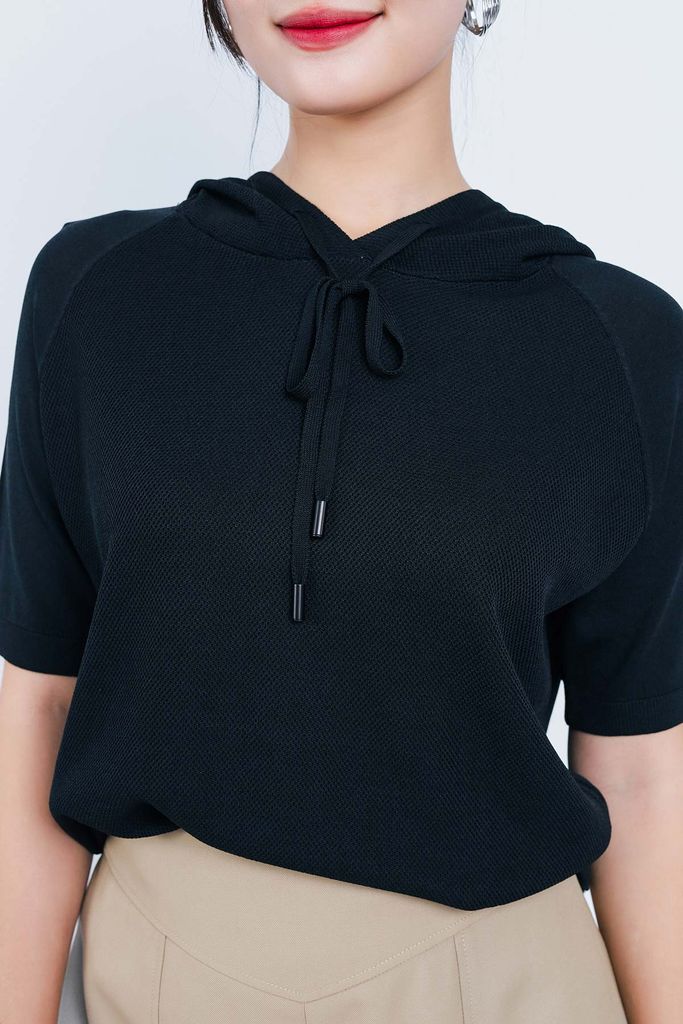 FOL429 - Áo len thời trang cao cấp dáng suông có mũ cổ phối dây rút buộc - PANTIO