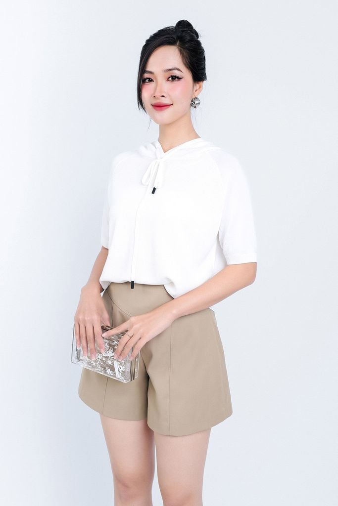 FOL429 - Áo len thời trang cao cấp dáng suông có mũ cổ phối dây rút buộc - PANTIO