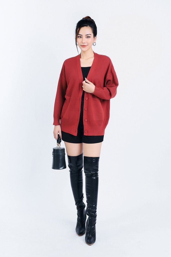 FOL450 - Áo len Cardigan cao cấp cổ chữ V có túi áo cài khuy thân trước - PANTIO