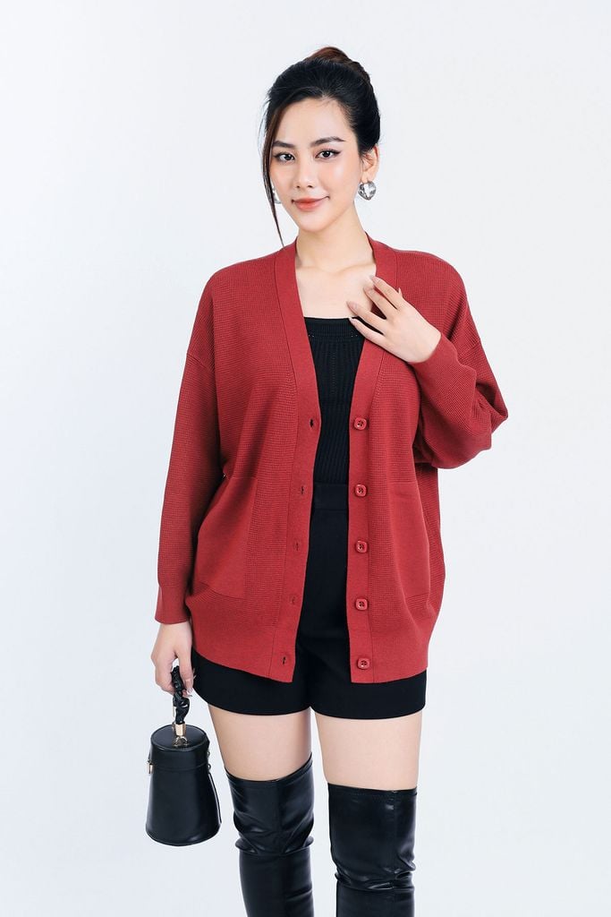 FOL450 - Áo len Cardigan cao cấp cổ chữ V có túi áo cài khuy thân trước - PANTIO