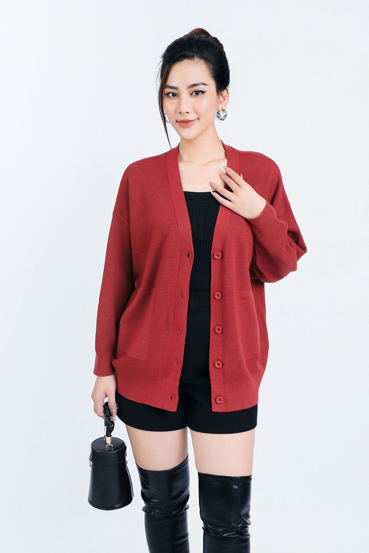 FOL450 - Áo len Cardigan cao cấp cổ chữ V có túi áo cài khuy thân trước - PANTIO