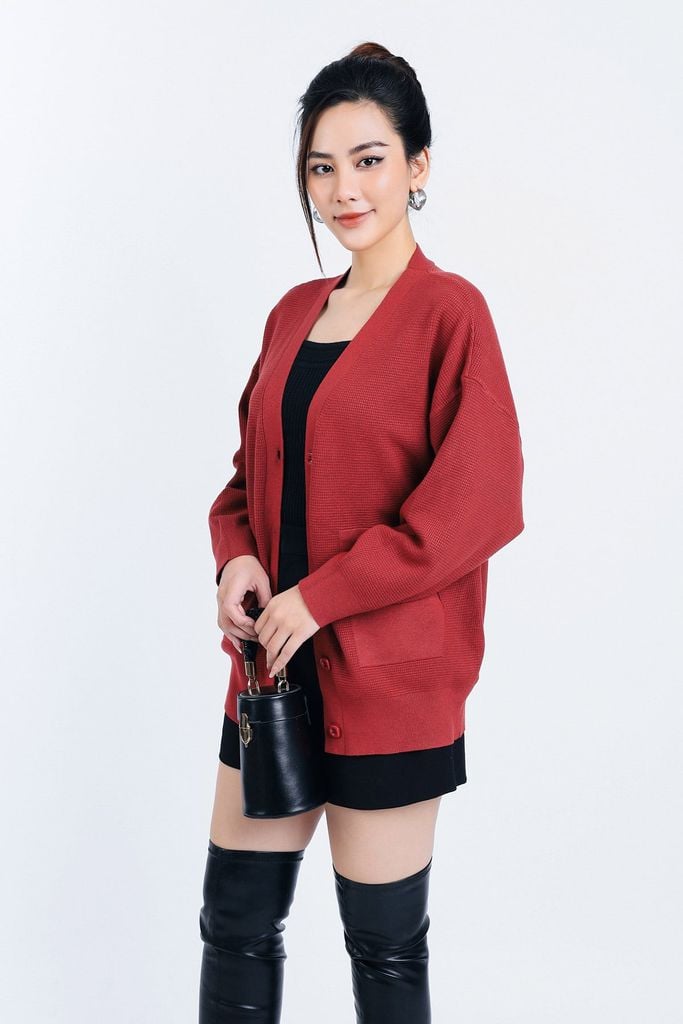 FOL450 - Áo len Cardigan cao cấp cổ chữ V có túi áo cài khuy thân trước - PANTIO