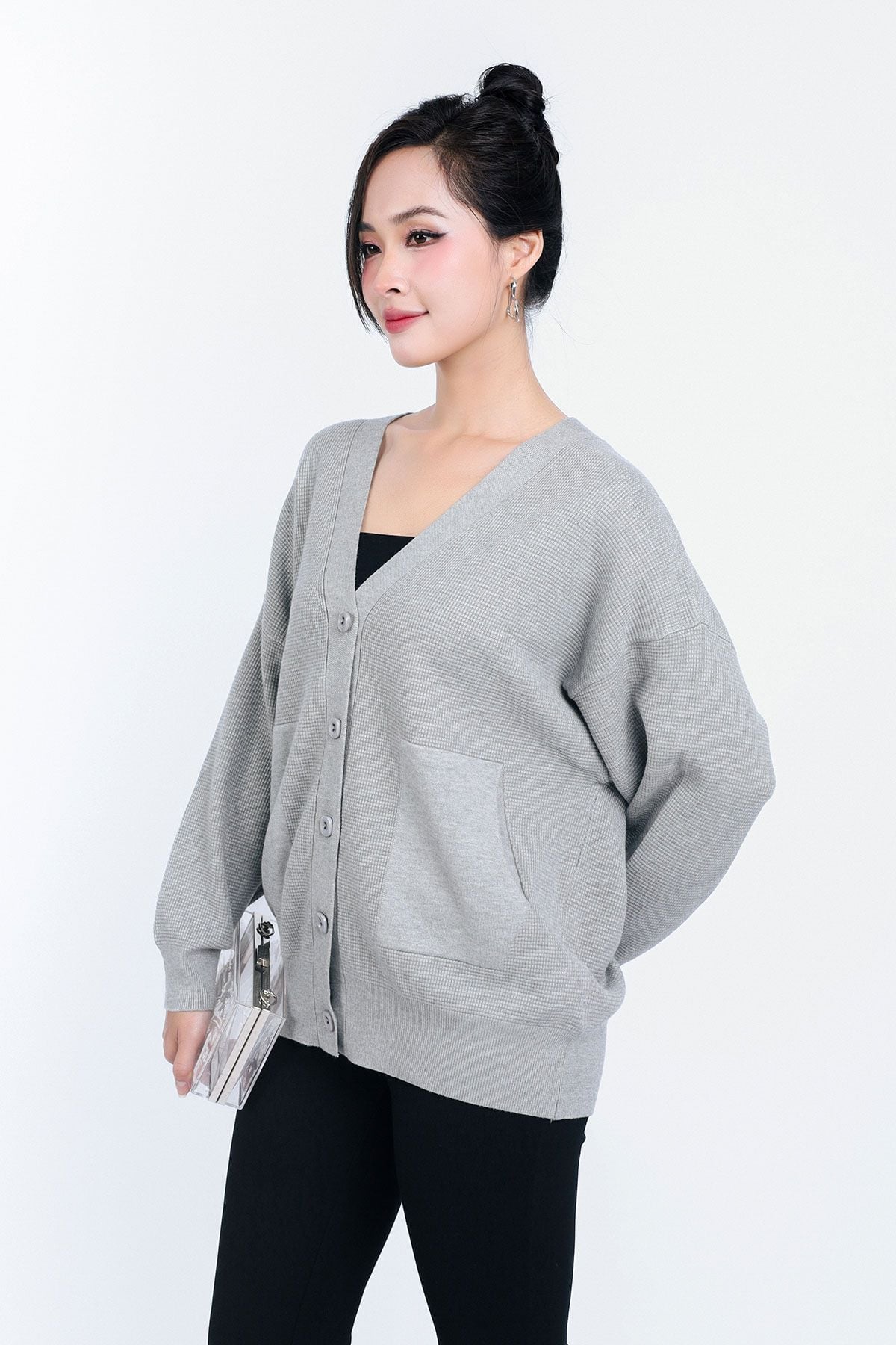 FOL450 - Áo len Cardigan cao cấp cổ chữ V có túi áo cài khuy thân trước - PANTIO