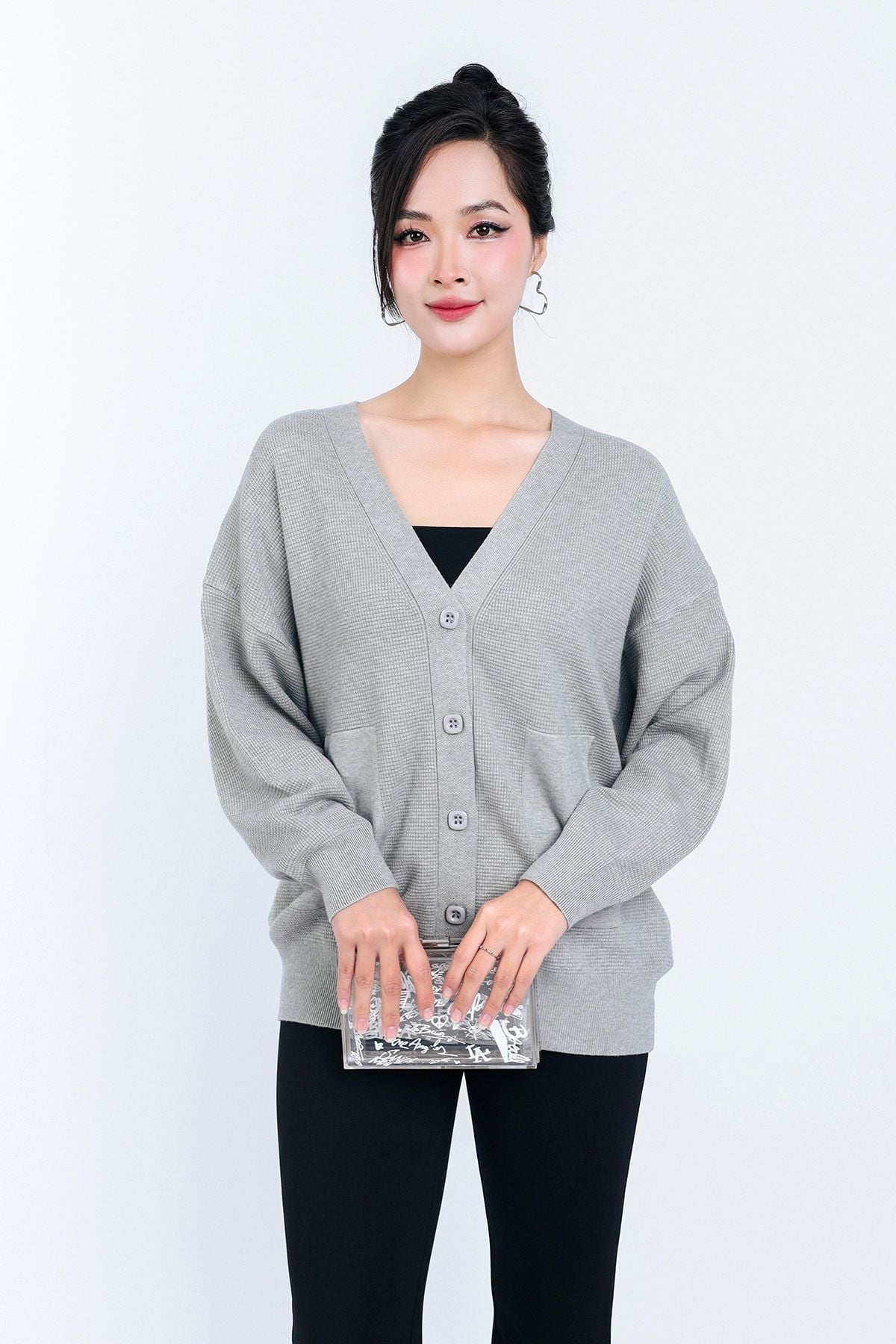 FOL450 - Áo len Cardigan cao cấp cổ chữ V có túi áo cài khuy thân trước - PANTIO