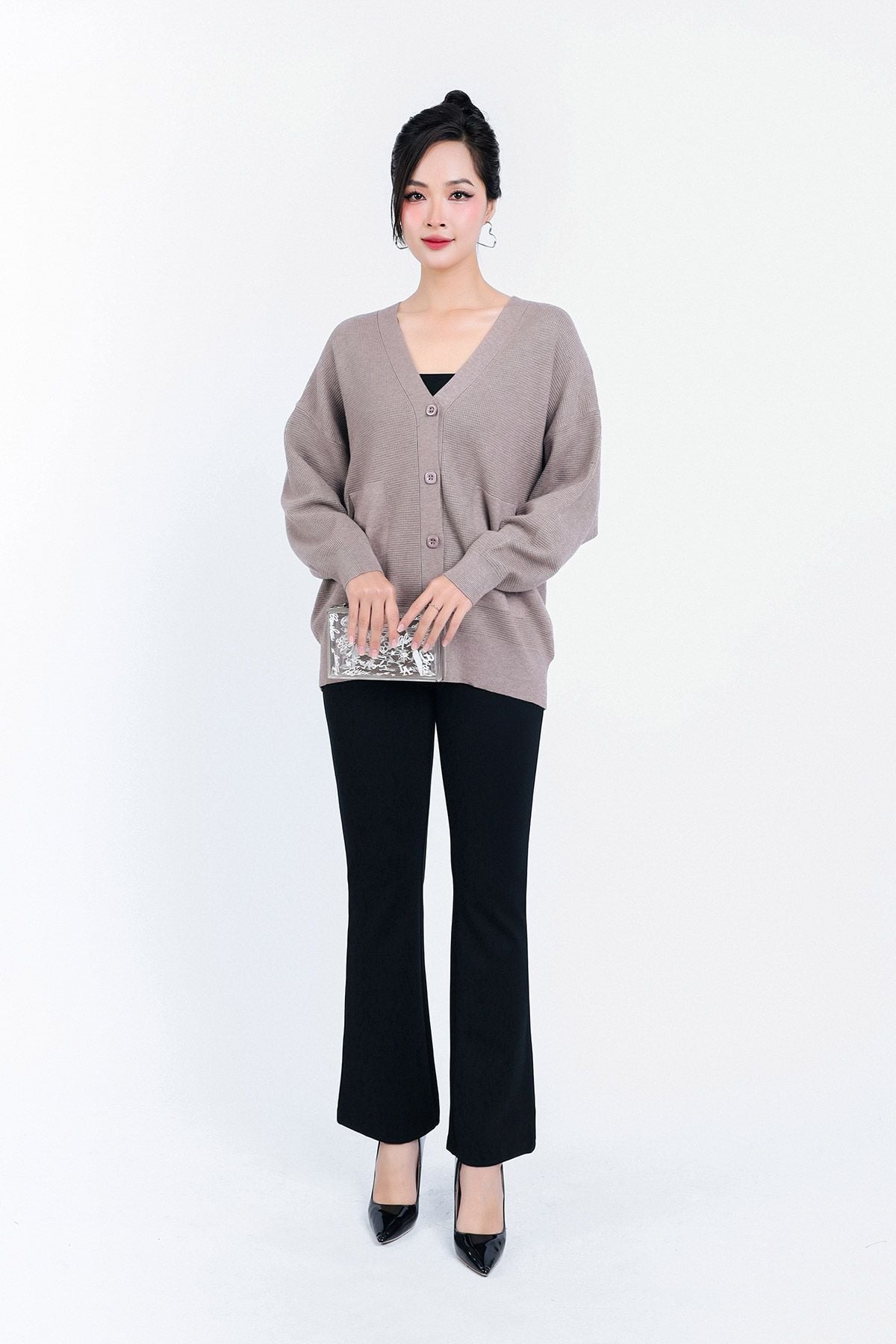 FOL450 - Áo len Cardigan cao cấp cổ chữ V có túi áo cài khuy thân trước - PANTIO