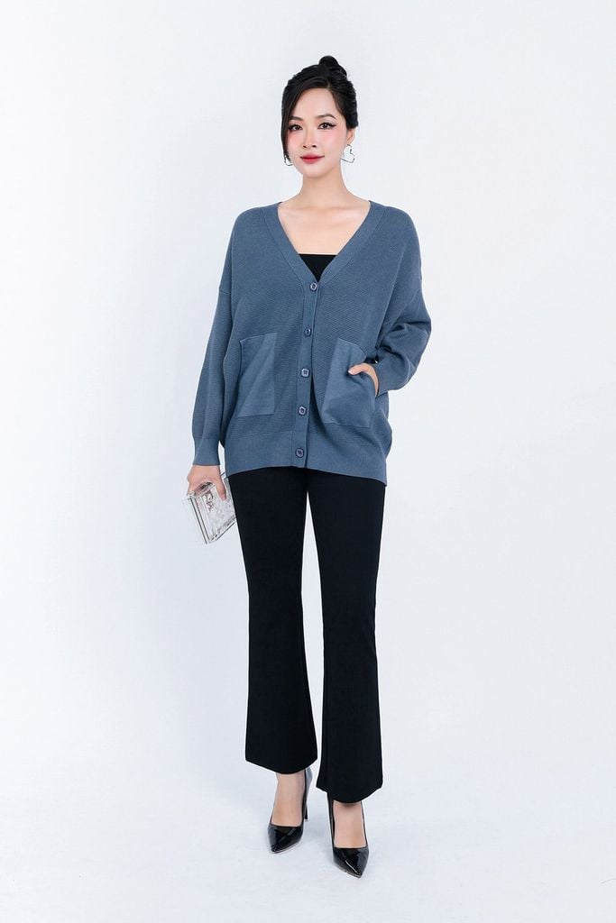 FOL450 - Áo len Cardigan cao cấp cổ chữ V có túi áo cài khuy thân trước - PANTIO