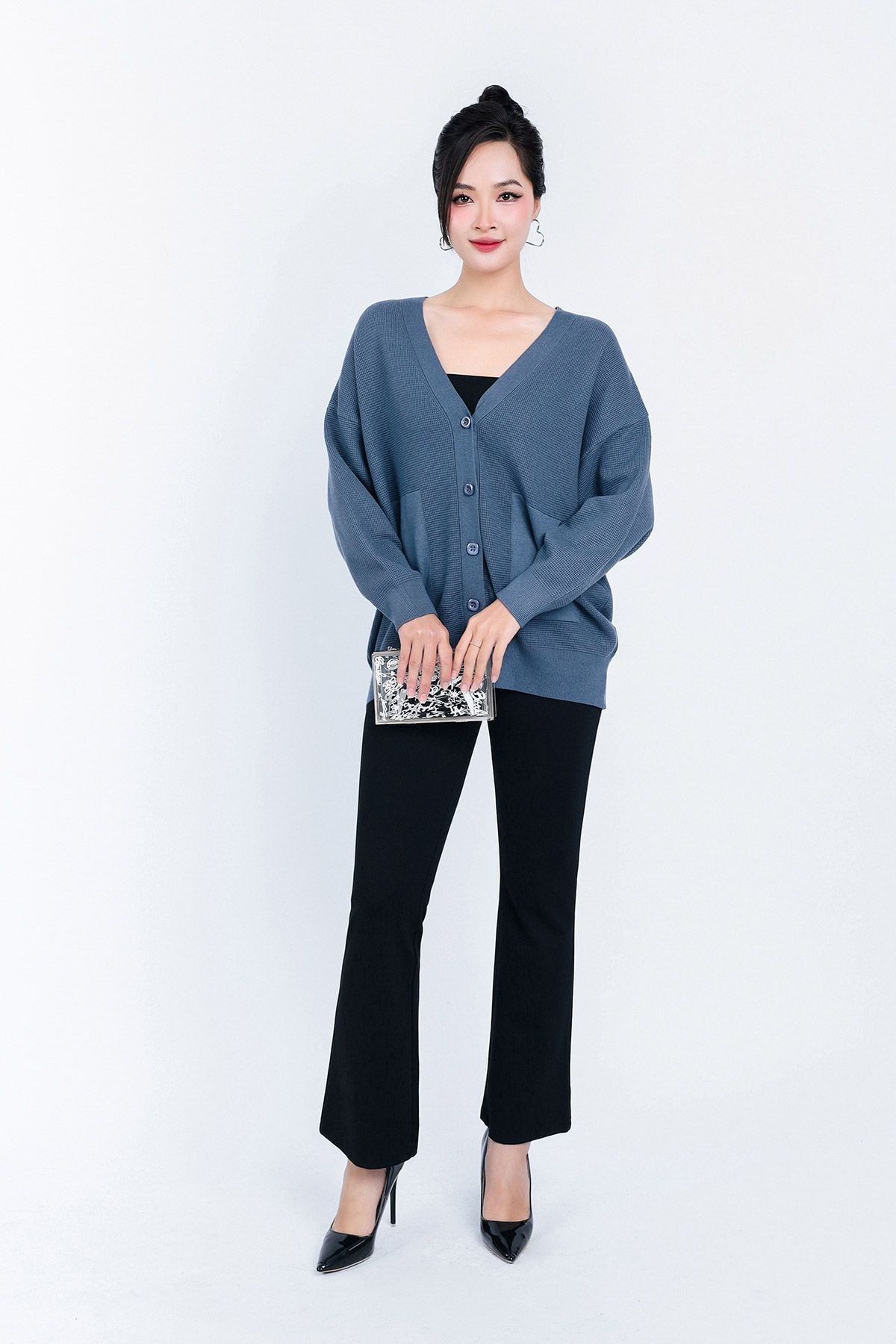 FOL450 - Áo len Cardigan cao cấp cổ chữ V có túi áo cài khuy thân trước - PANTIO