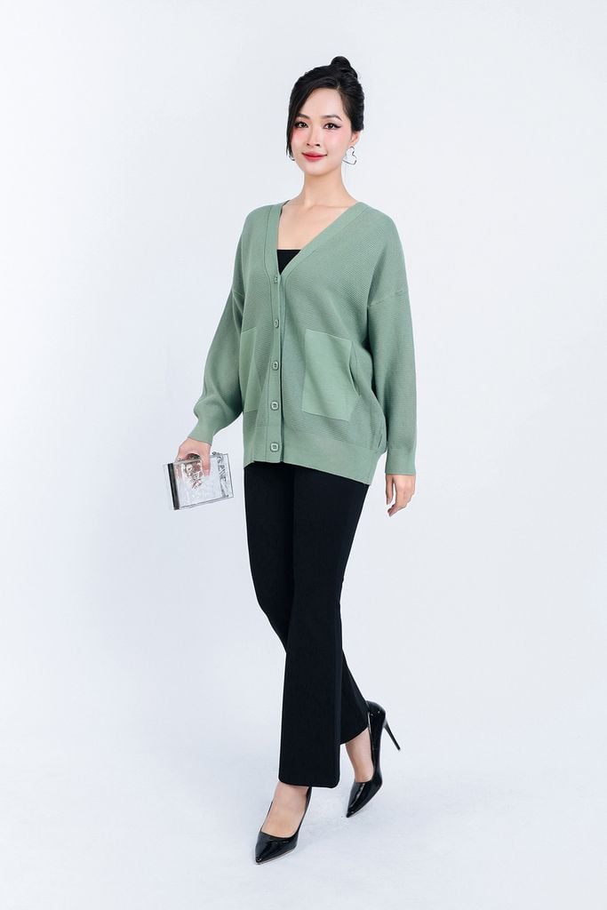 FOL450 - Áo len Cardigan cao cấp cổ chữ V có túi áo cài khuy thân trước - PANTIO