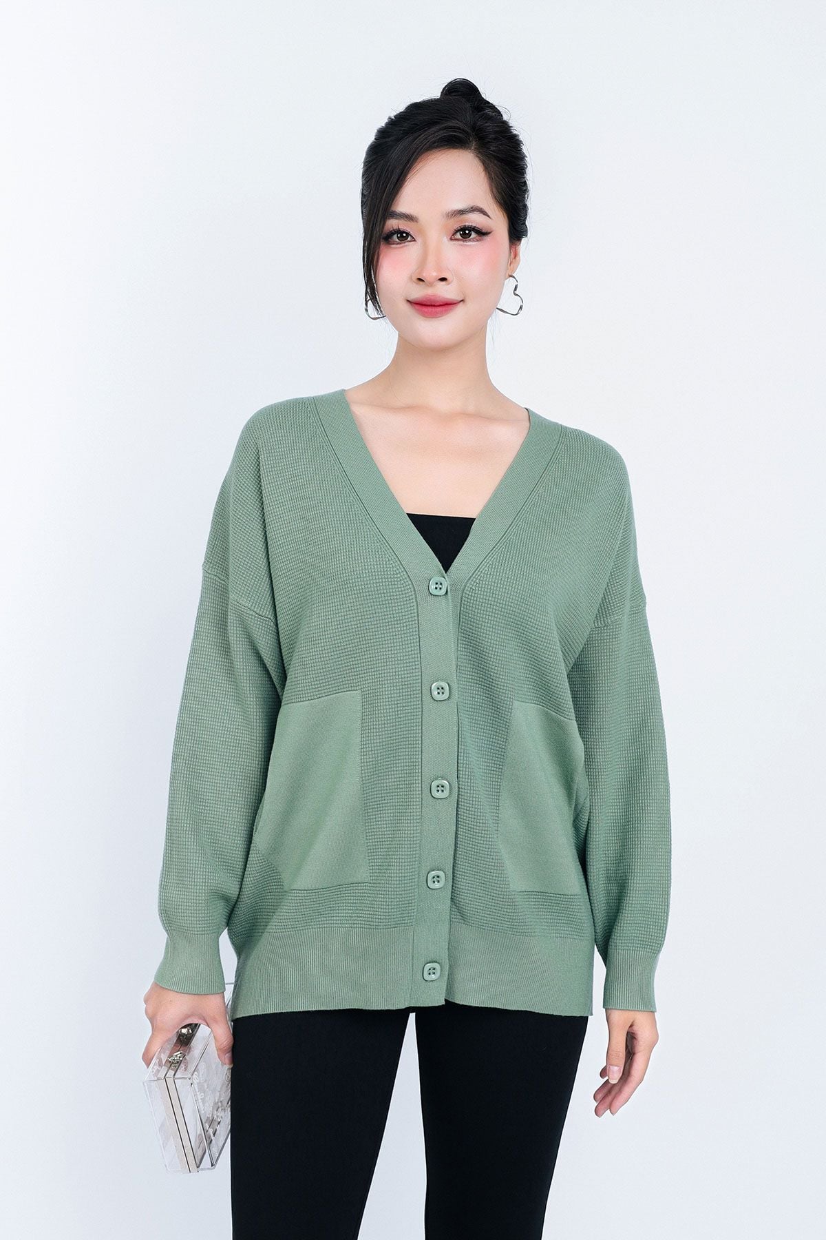 FOL450 - Áo len Cardigan cao cấp cổ chữ V có túi áo cài khuy thân trước - PANTIO