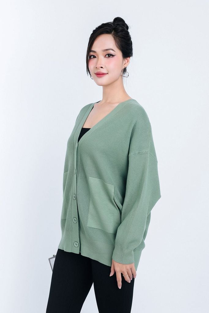 FOL450 - Áo len Cardigan cao cấp cổ chữ V có túi áo cài khuy thân trước - PANTIO