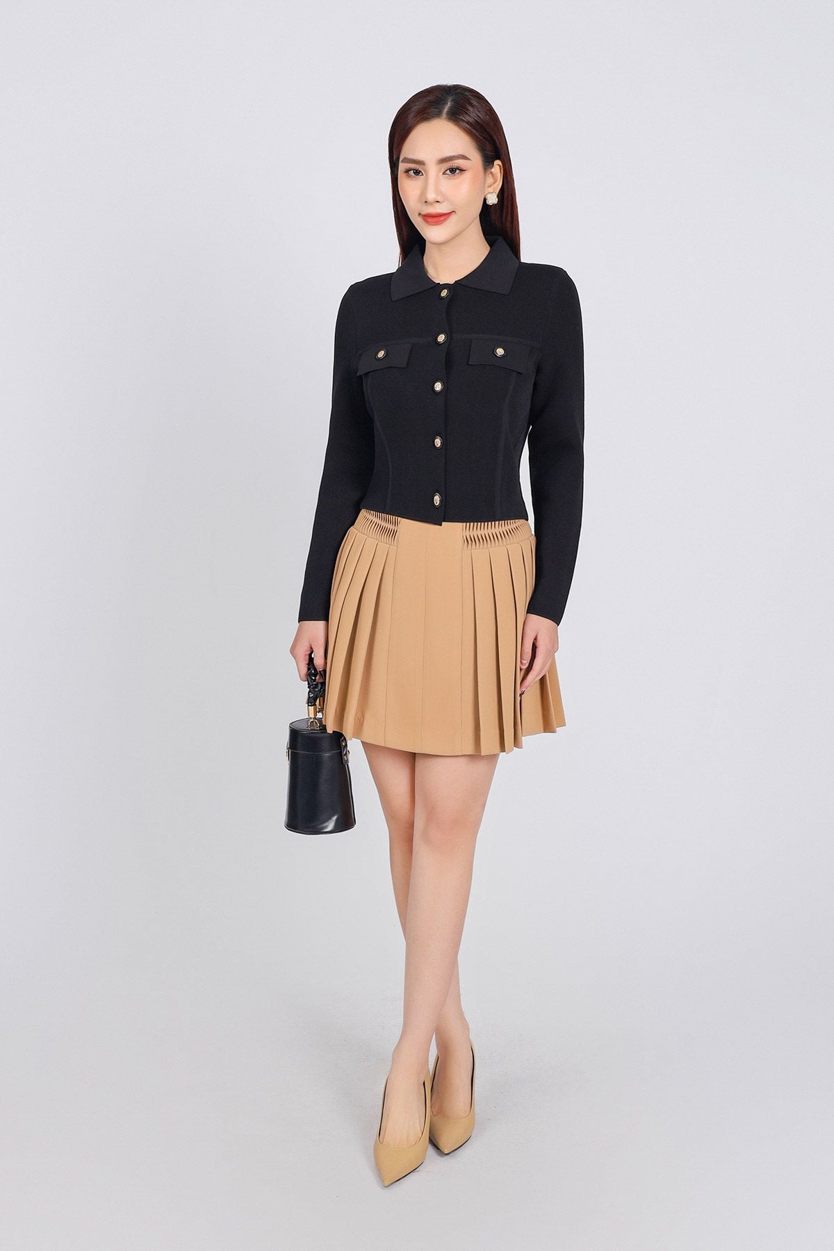 FOL454 - Áo len thời trang cao cấp dáng suông cổ đức ngực áo có túi ốp giả phối khuy đá cao cấp - PANTIO