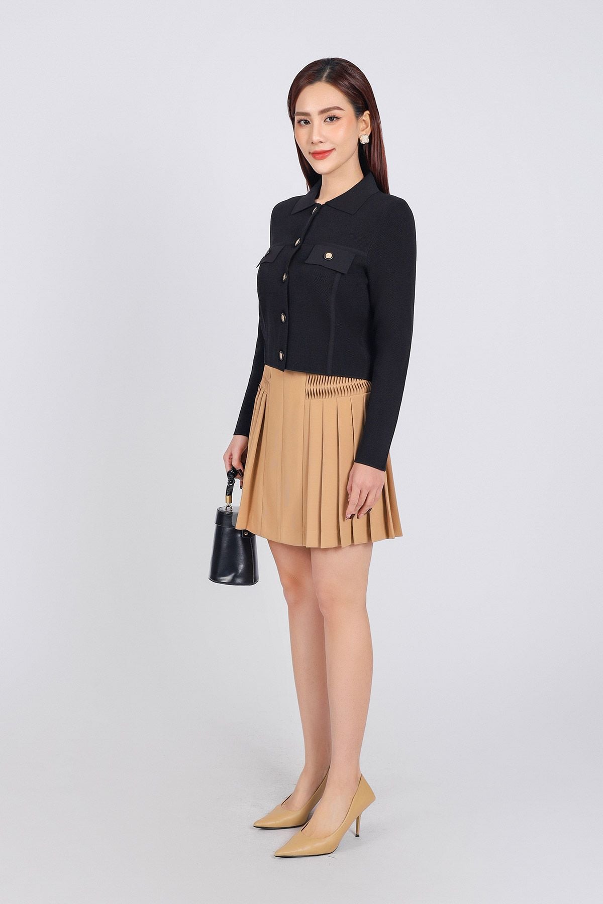 FOL454 - Áo len thời trang cao cấp dáng suông cổ đức ngực áo có túi ốp giả phối khuy đá cao cấp - PANTIO