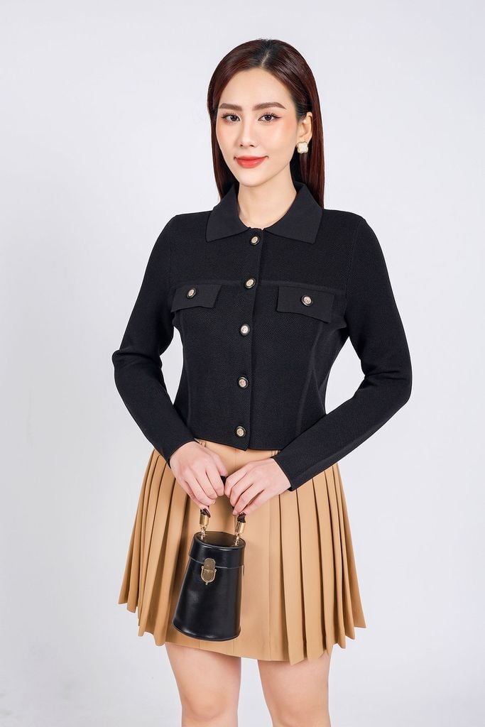 FOL454 - Áo len thời trang cao cấp dáng suông cổ đức ngực áo có túi ốp giả phối khuy đá cao cấp - PANTIO