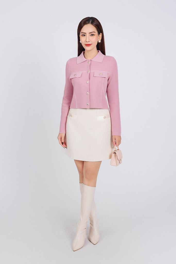 FOL454 - Áo len thời trang cao cấp dáng suông cổ đức ngực áo có túi ốp giả phối khuy đá cao cấp - PANTIO