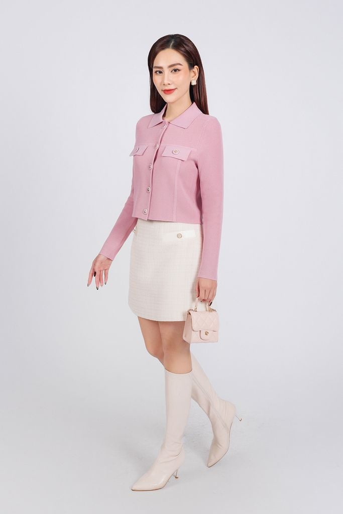 FOL454 - Áo len thời trang cao cấp dáng suông cổ đức ngực áo có túi ốp giả phối khuy đá cao cấp - PANTIO