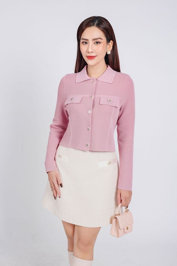 FOL454 - Áo len thời trang cao cấp dáng suông cổ đức ngực áo có túi ốp giả phối khuy đá cao cấp - PANTIO