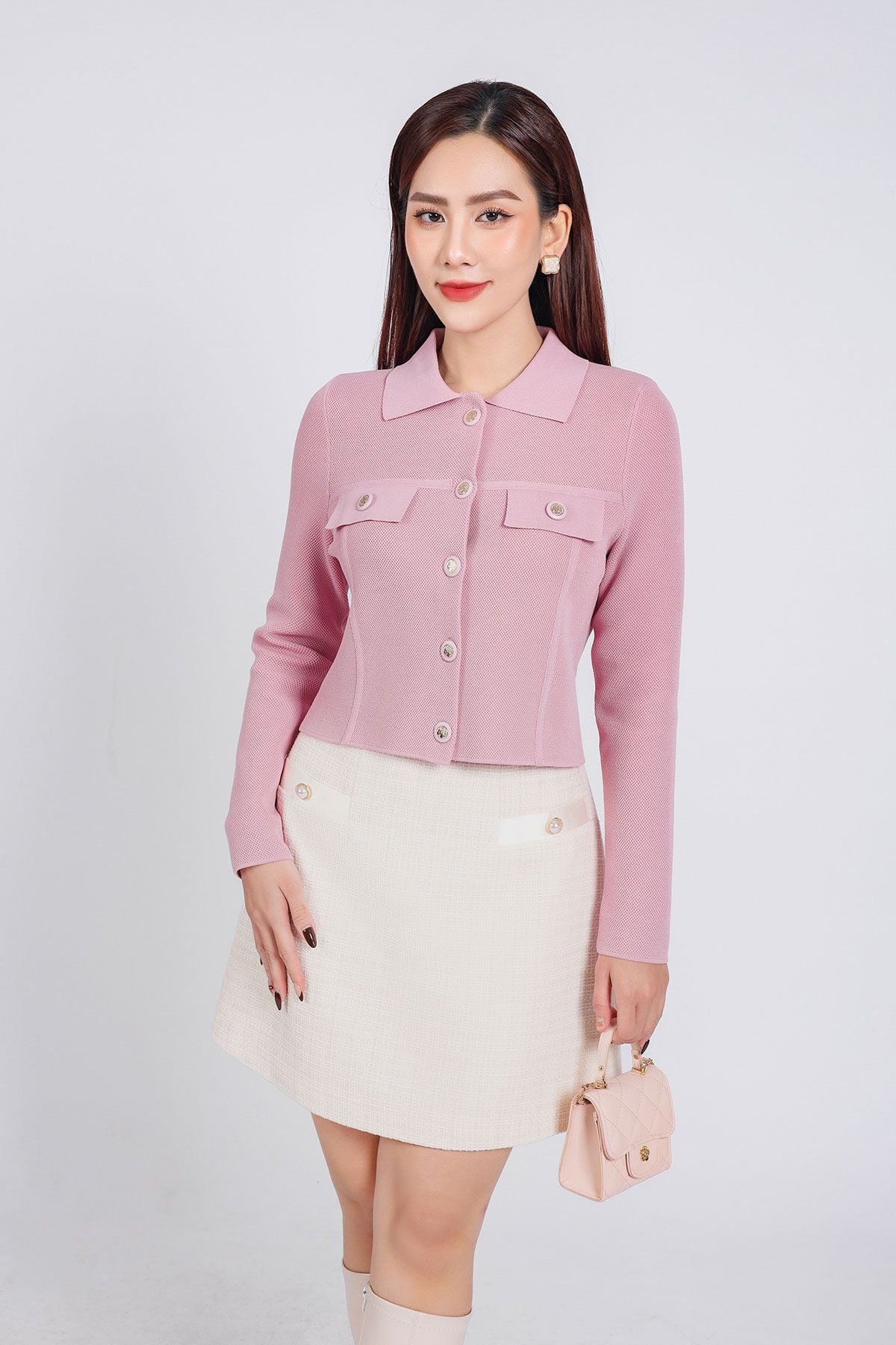 FOL454 - Áo len thời trang cao cấp dáng suông cổ đức ngực áo có túi ốp giả phối khuy đá cao cấp - PANTIO