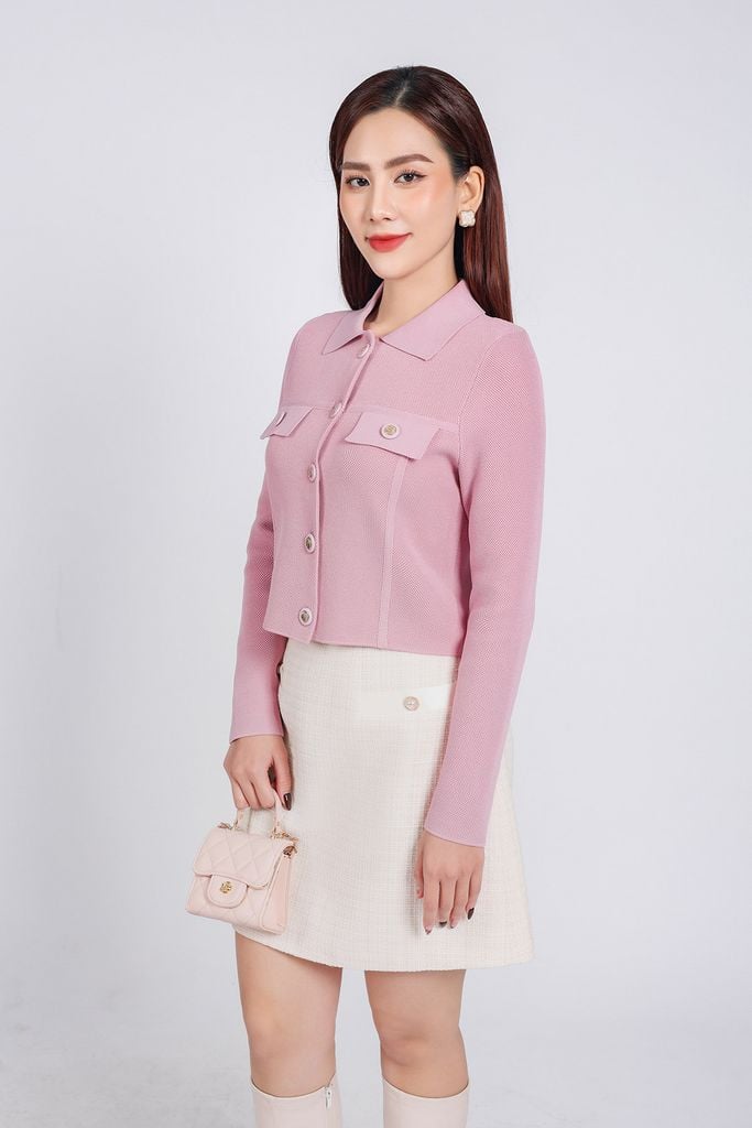 FOL454 - Áo len thời trang cao cấp dáng suông cổ đức ngực áo có túi ốp giả phối khuy đá cao cấp - PANTIO